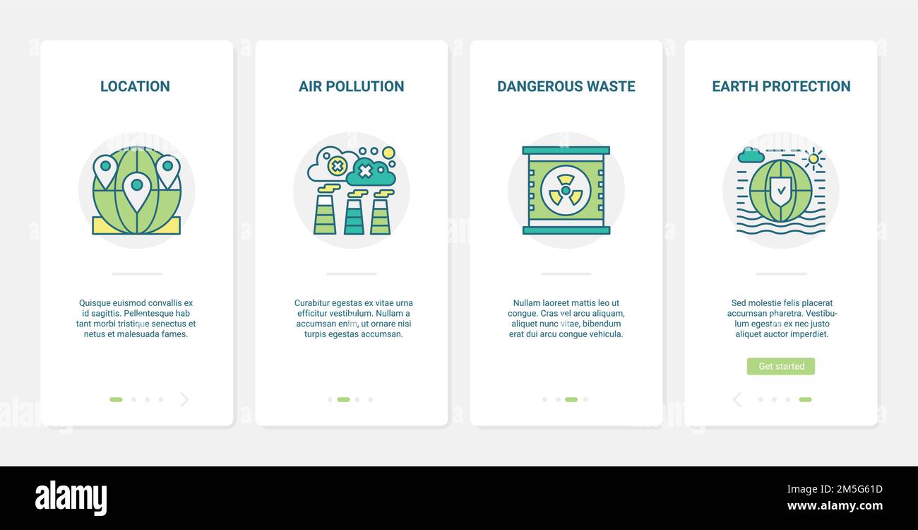 Schützen Ökologie Planeten vor Verschmutzung Vektor Illustration. UX, UI Onboarding mobile App Seite Bildschirm mit Linie Industrie verschmutzt Luft, Erde mit da Stock Vektor
