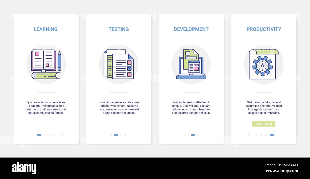 Kreative Bildungsprozesse Vektordarstellung. UX, UI Onboarding mobile App Seite Bildschirm mit Linienqualität Produktivität in der Entwicklung von creati gesetzt Stock Vektor
