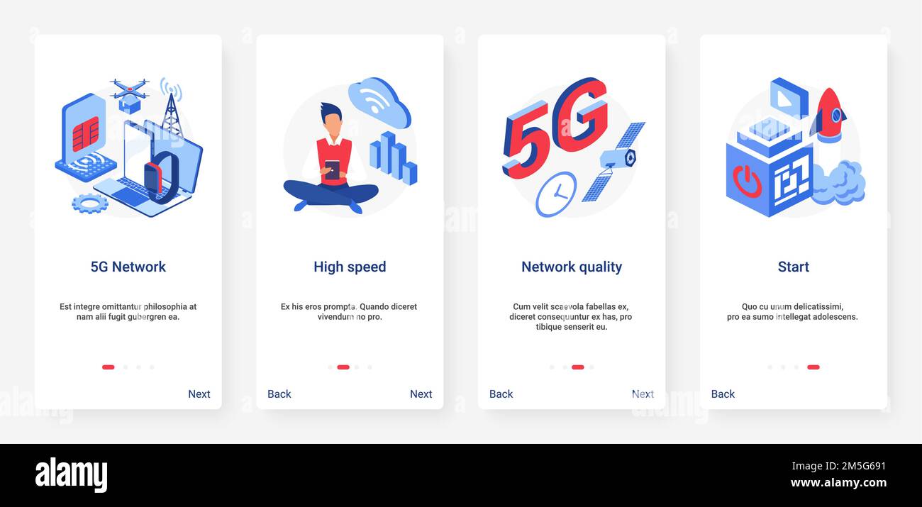 5G Vektordarstellung der digitalen Netzwerktechnologie. UX, UI Onboarding Mobile App Page Screen Set mit globalen High-Quality-Speed-Internet-Breitband-Netzwerk Stock Vektor