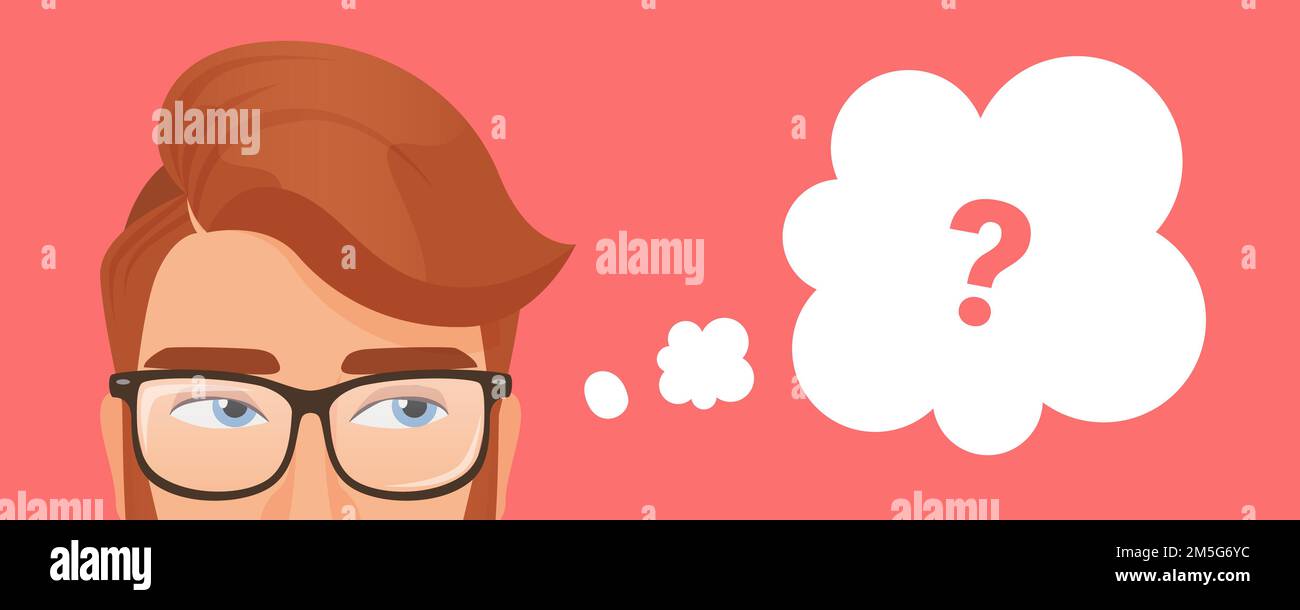 Mensch denken Vektor Illustration. Cartoon nachdenklich junge smart verwirrt männlichen Charakter trägt Brille denkt mit Fragezeichen in der Cloud-Kommunikation Stock Vektor