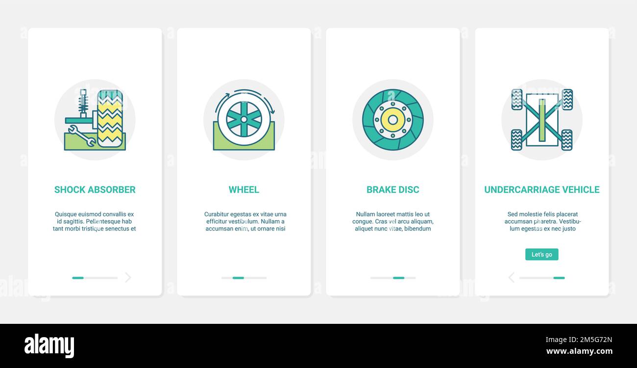 Kfz-Fahrzeugteile, Kfz-Transport Reparatur-Service Vektor Illustration. UX, UI Onboarding mobile App Seite Bildschirm mit Linie Auto Auto Schock abso eingestellt Stock Vektor