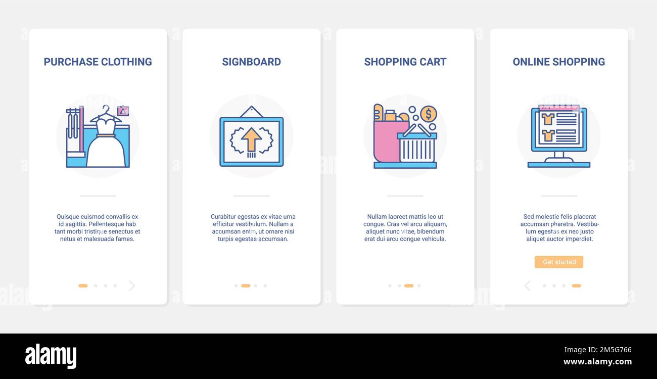 Online einkaufen moderne Internet-Technologie Vektor Illustration. UX, UI Onboarding mobile App Seite Bildschirm mit Linie Warenkorb von Supermarkt oder gesetzt Stock Vektor