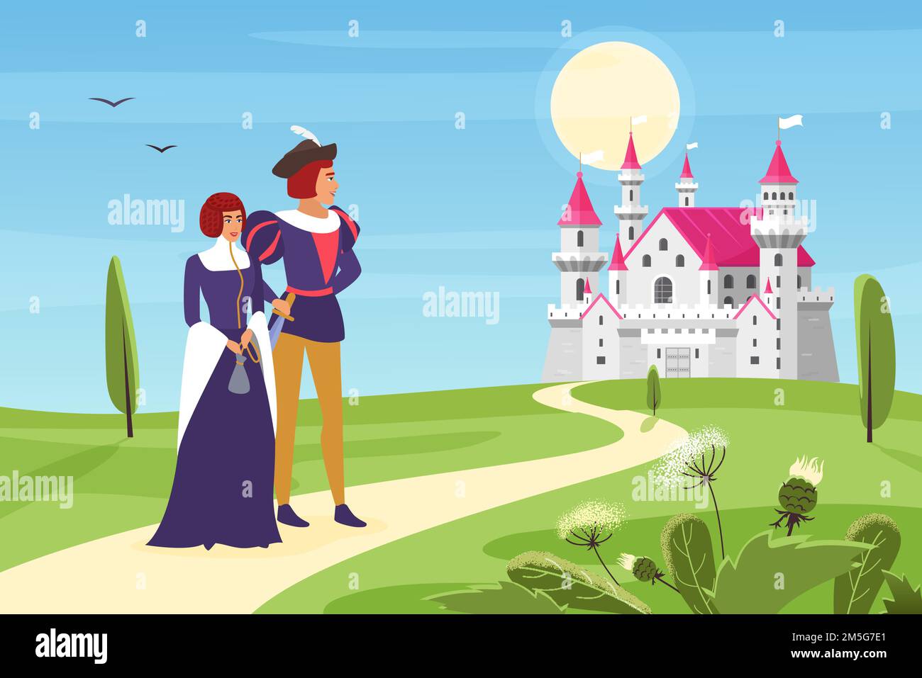 Prinz und Prinzessin gehen Straße zum königlichen Schloss Vektor-Illustration. Cartoon glücklich jungen Mann und Frau Charaktere in reichen mittelalterlichen Kleidung zu Fuß zu fo Stock Vektor