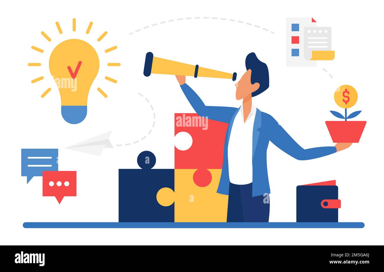 Success Business neue Idee Konzept Vektor Illustration. Cartoon Geschäftsmann Führer Charakter Blick durch Teleskop auf Glühbirne, erfolgreiche Korpor Stock Vektor