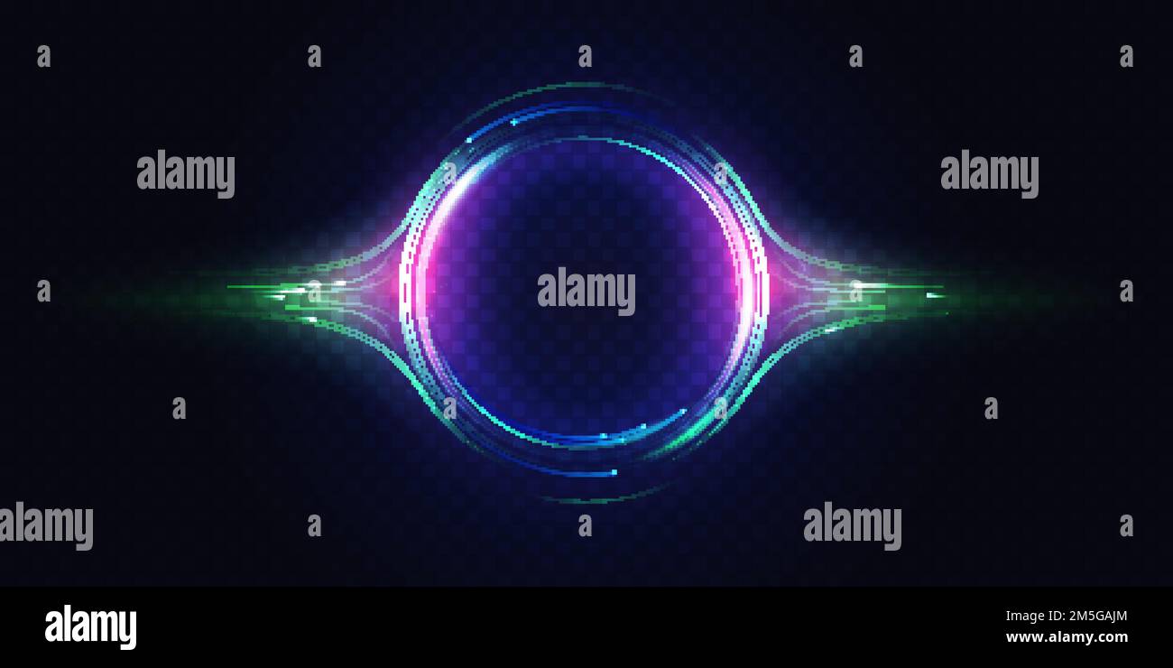 Neon leuchtenden Kreis, Lichteffekt Vektor Illustration. Glühen von kreisförmigem, rundem Element, abstrakten radialen Bewegungslinien, wirbelnden Reflexen, Partikeln und Brigh Stock Vektor