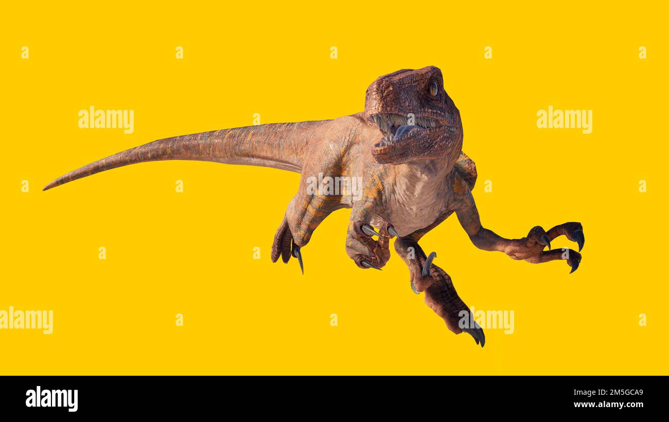 Eine 3D-Darstellung eines brüllenden Velociraptor-Dinosauriers, isoliert auf gelbem Hintergrund Stockfoto