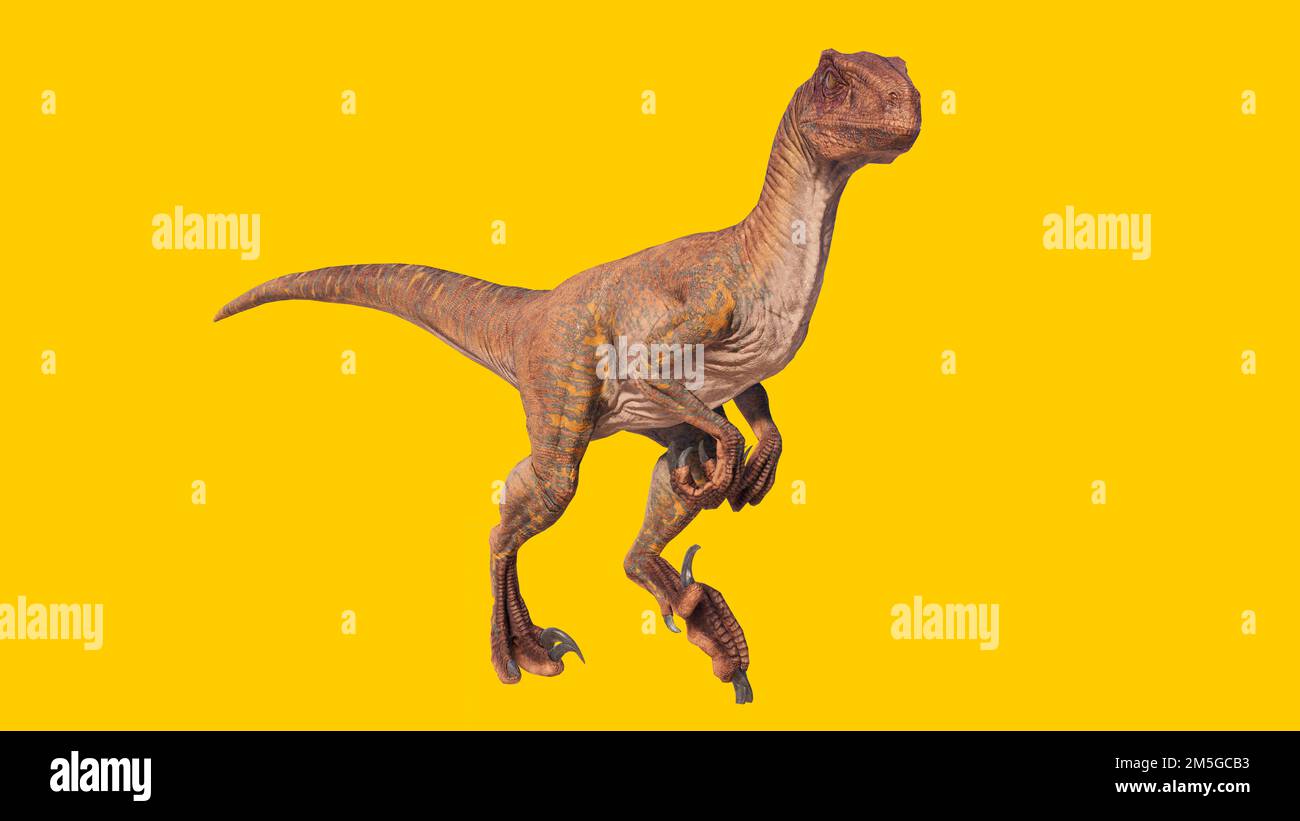 Eine 3D-Darstellung eines Velociraptor-Dinosauriers, isoliert auf gelbem Hintergrund Stockfoto