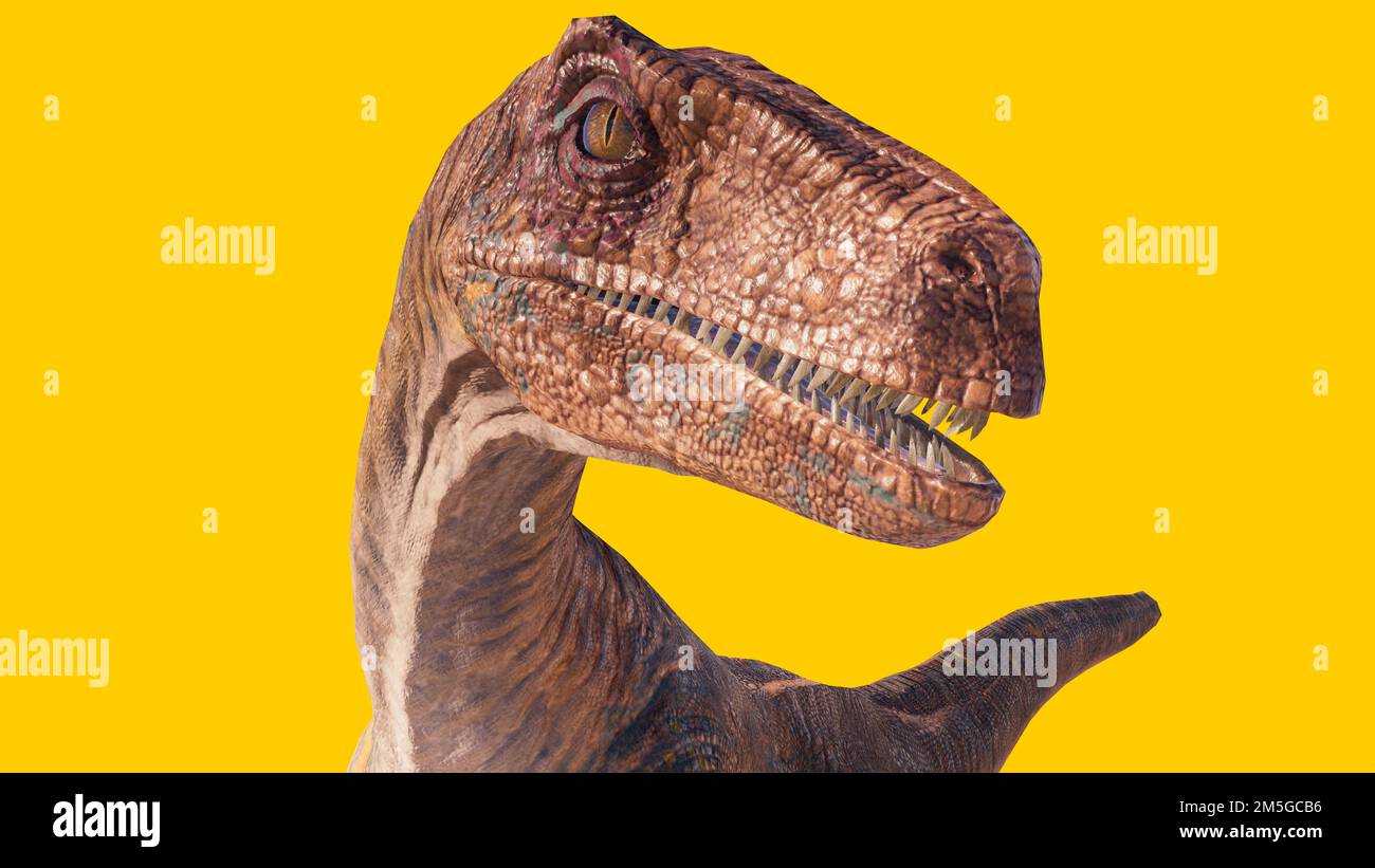 Eine 3D-Darstellung eines Velociraptor-Dinosaurierkopfes isoliert auf gelbem Hintergrund Stockfoto