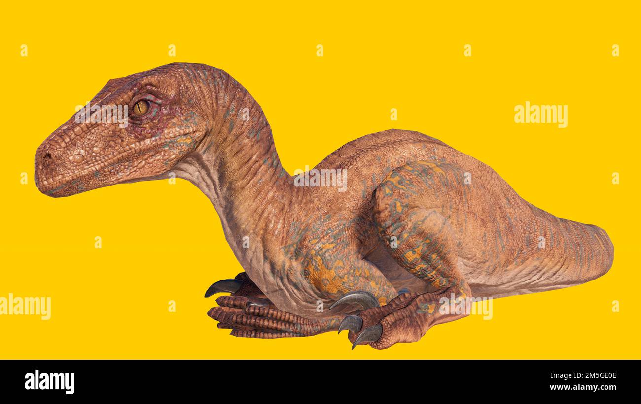 Eine 3D-Darstellung eines Velociraptor-Dinosauriers, isoliert auf gelbem Hintergrund Stockfoto
