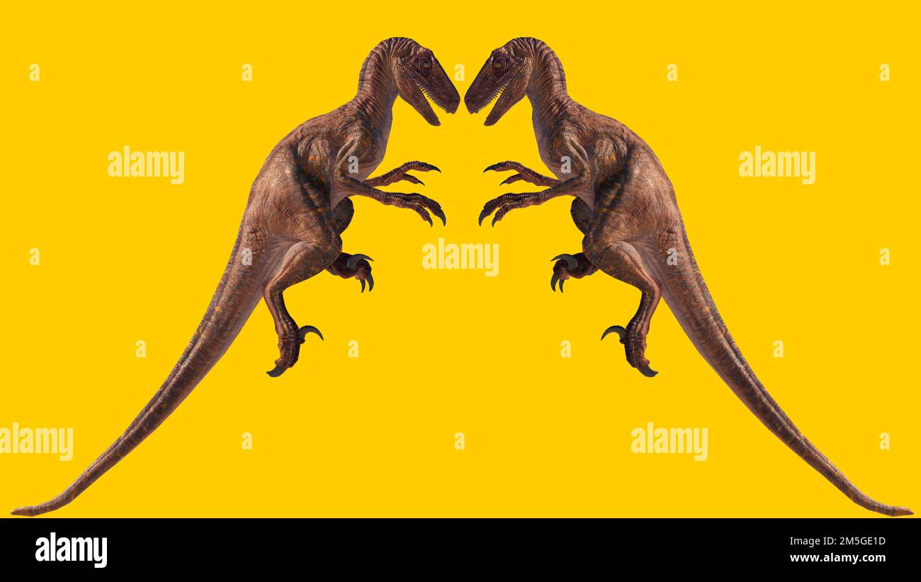 Eine 3D-Darstellung zweier Velociraptor-Dinosaurier, isoliert auf gelbem Hintergrund Stockfoto