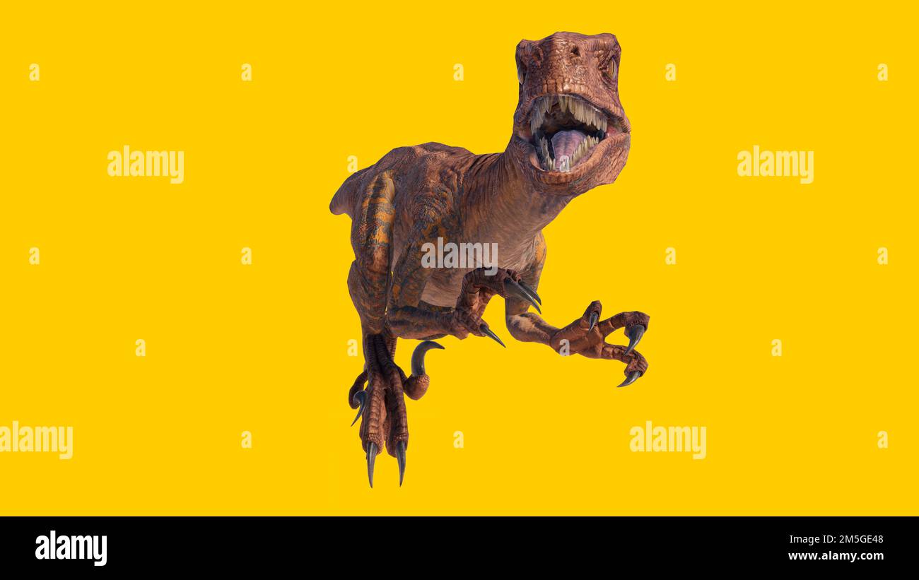 Eine 3D-Darstellung eines brüllenden Velociraptor-Dinosauriers, isoliert auf gelbem Hintergrund Stockfoto