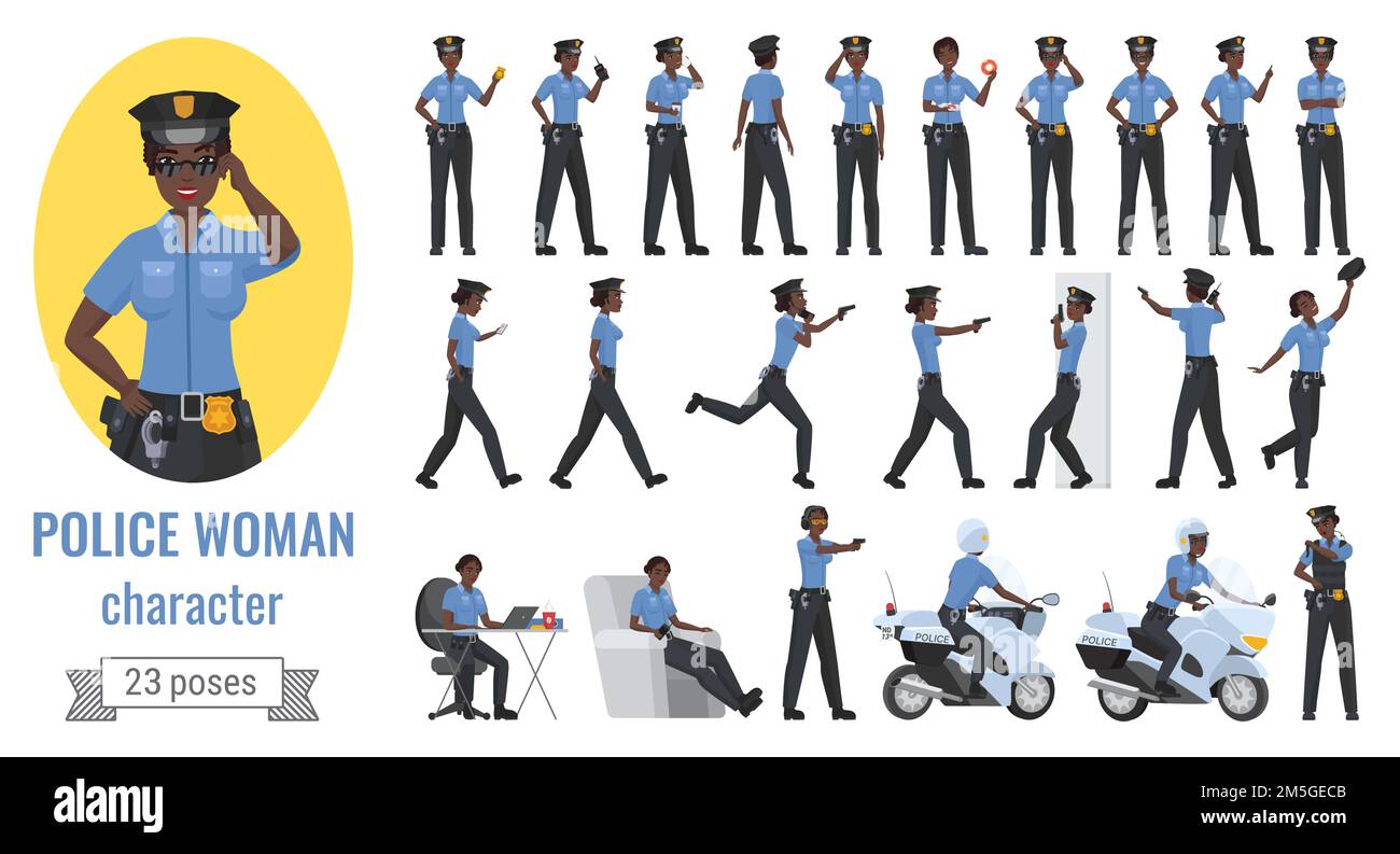 Polizist Frau Posen Vektor Illustration Set. Cartoon junge schwarze afroamerikanische weibliche Figur arbeiten verschiedene Posen, Gesten und Aktion Stock Vektor