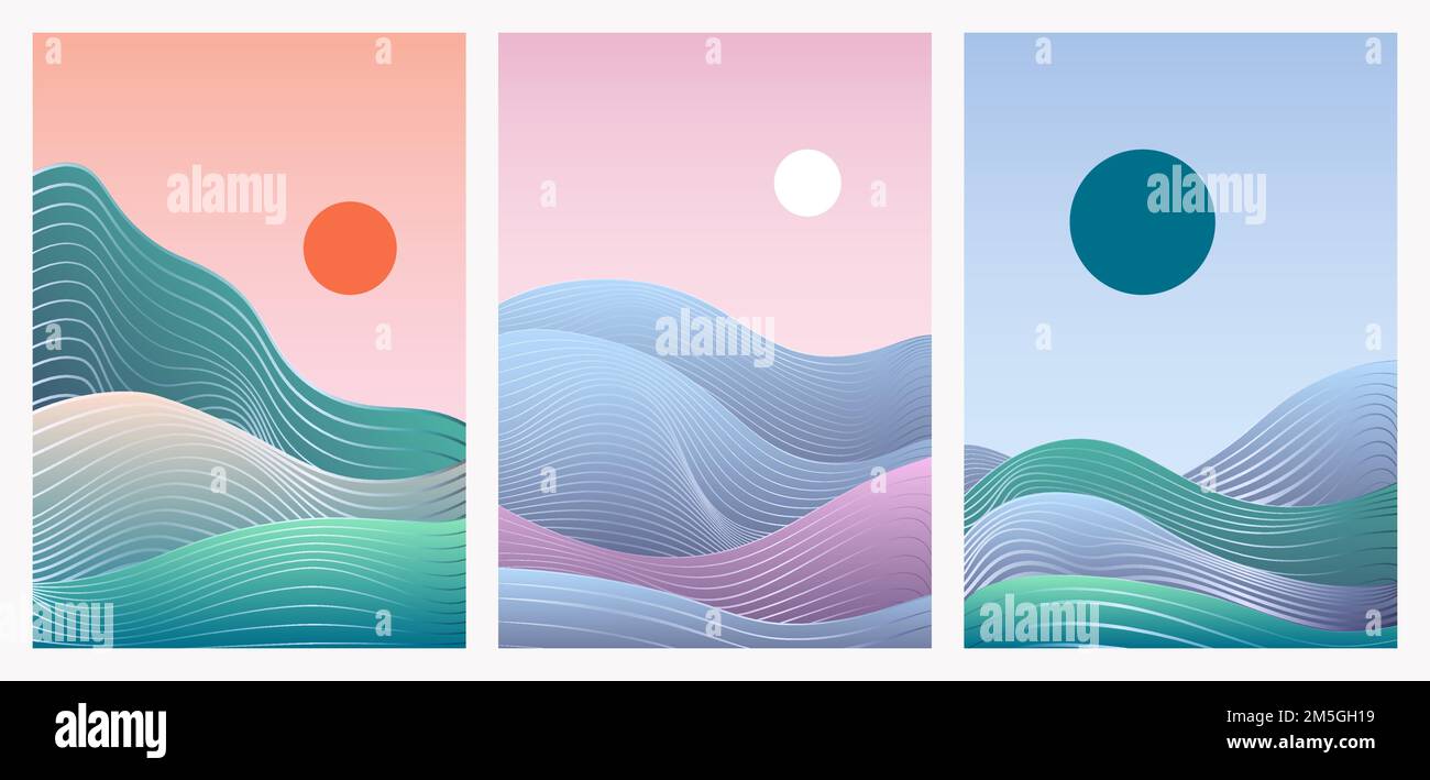 Abstrakt trendy minimal Gradient Natur Landschaft Vektor Illustration Set. Minimalistisch gewellte Wüstensanddünen, Hügel, Meereswellen mit Handzeichenkette Stock Vektor