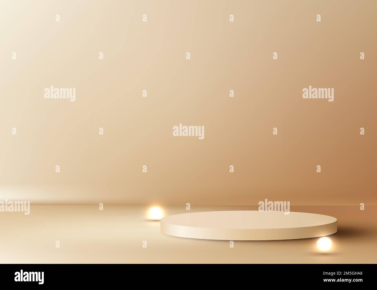 3D realistisch elegante goldzylindrische Dekoration Podium Leuchtkugel auf goldenem Hintergrund Luxus minimalistischer Stil. Produktpräsentation für Kosmetik, Ausstellungsraum, Stock Vektor