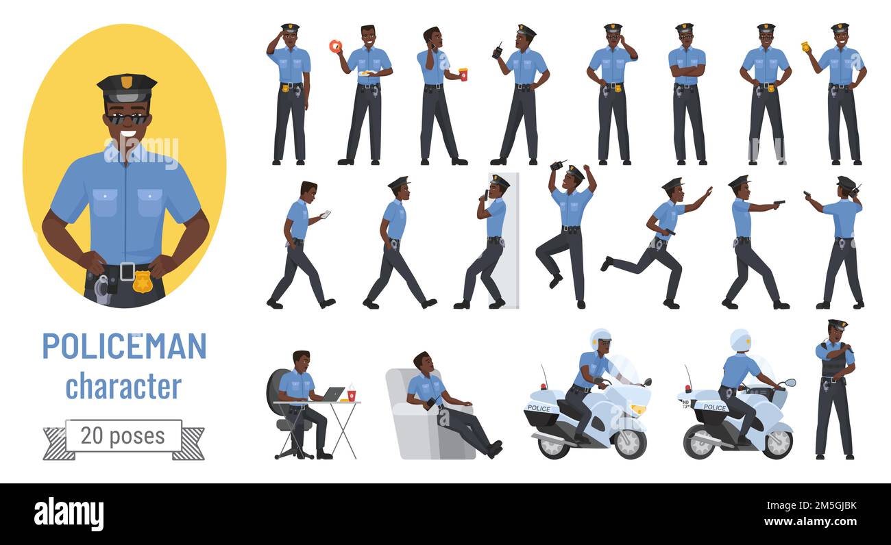 Polizist Posen Vektor Illustration Set. Cartoon bärtige professionelle schwarz afroamerikanische Polizist Charakter verschiedene Aktion mit Emotionen, Co Stock Vektor