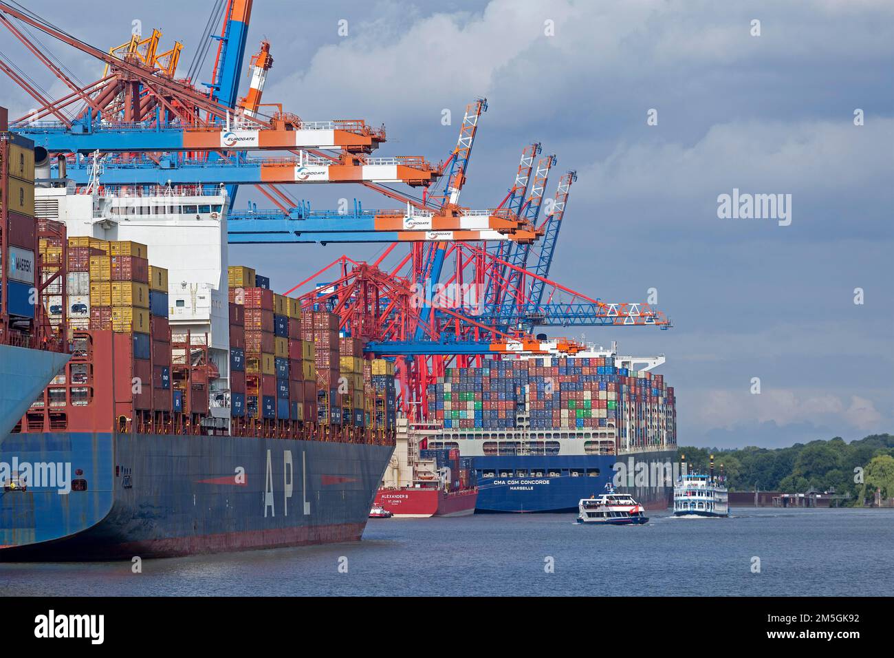Containerschiffe und Ausflugsboote, Paddeldampfer Louisiana Star, Containerterminal Eurogate, Waltershof, Hamburg, Deutschland Stockfoto
