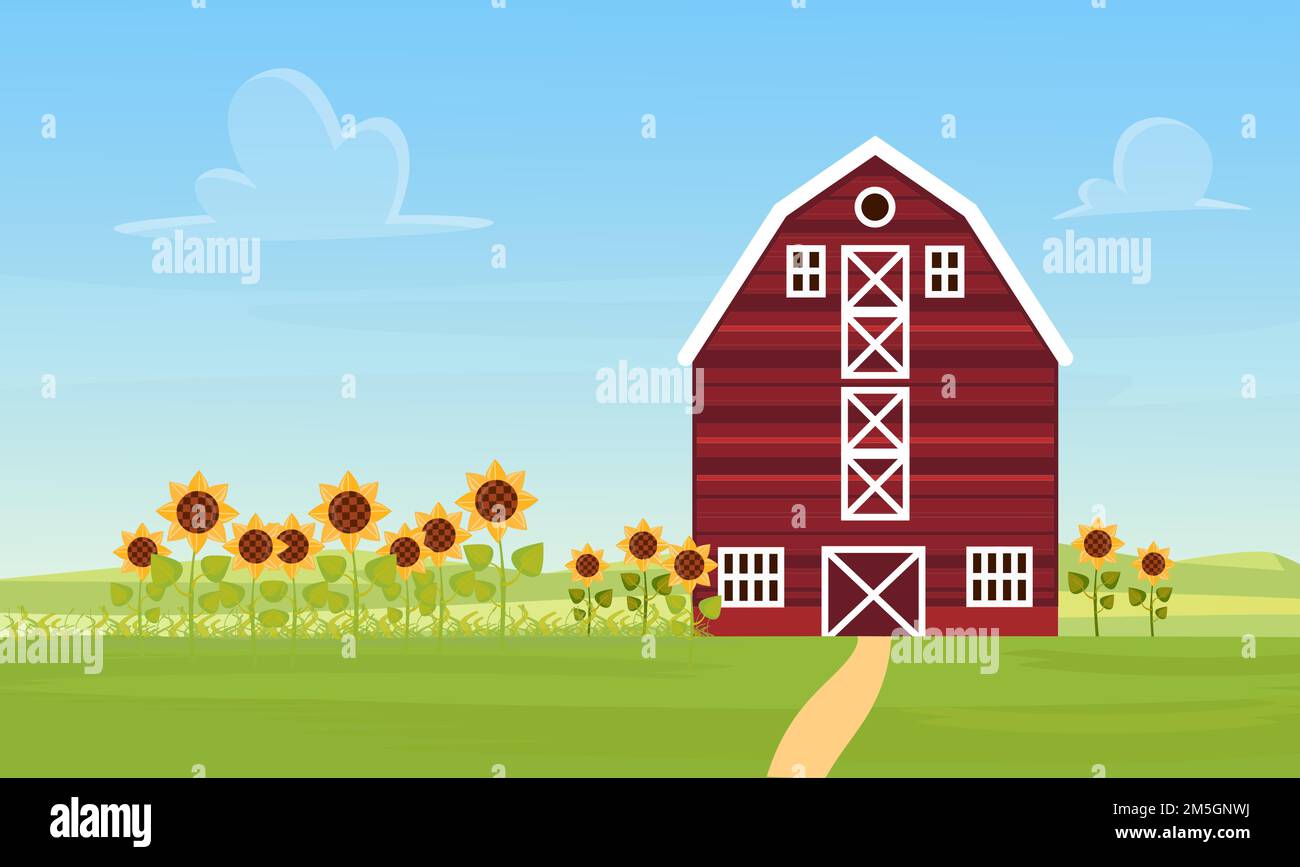 Bauernhof Landschaft mit Ranch Scheune, Sonnenblumenfeld Vektor-Illustration. Cartoon landwirtschaftliche Panorama-Landschaft, Straße zu rustikalen Bauernhaus bauen Stock Vektor