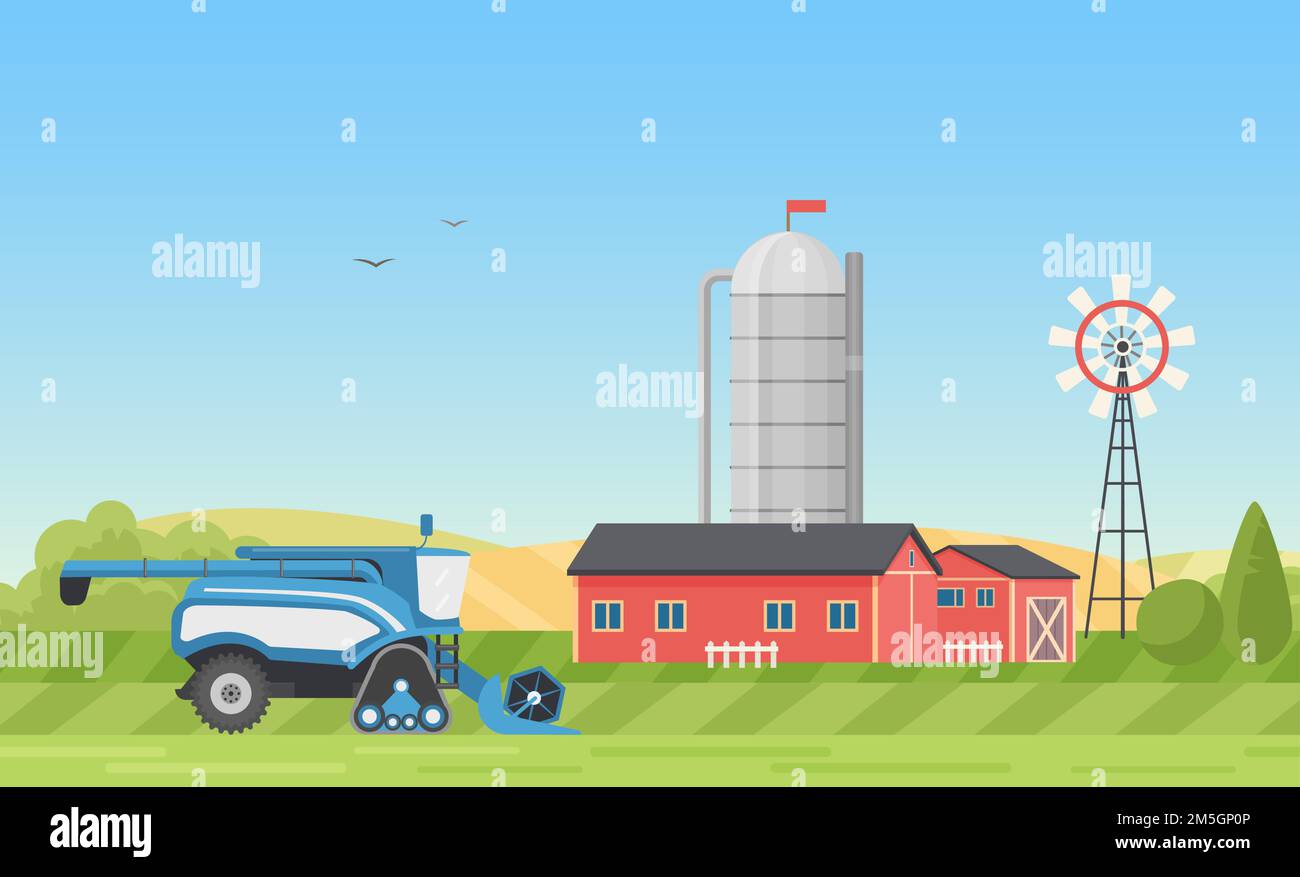 Getreidesilo Tank Lagerung, Bauernhof oder moderne Ranch Hof mit Bauernhaus in Dorf Landschaft Vektor-Illustration. Cartoon Mähdrescher arbeiten auf grün Stock Vektor