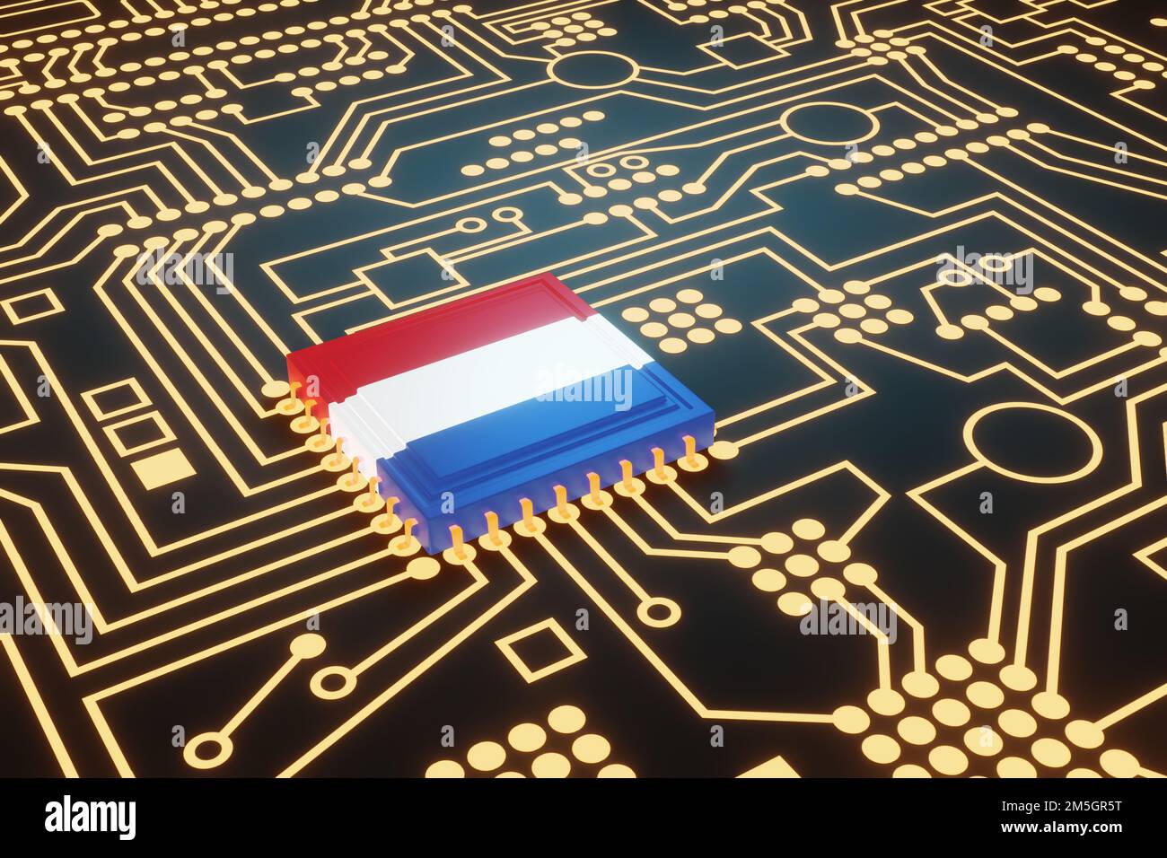 Eine fortschrittliche CPU, die mit einer nationalen Flagge der Niederlande auf einer neonleuchtenden elektronischen Leiterplatte gedruckt ist. Dutch hat High-End-Mikrochips hergestellt Stockfoto