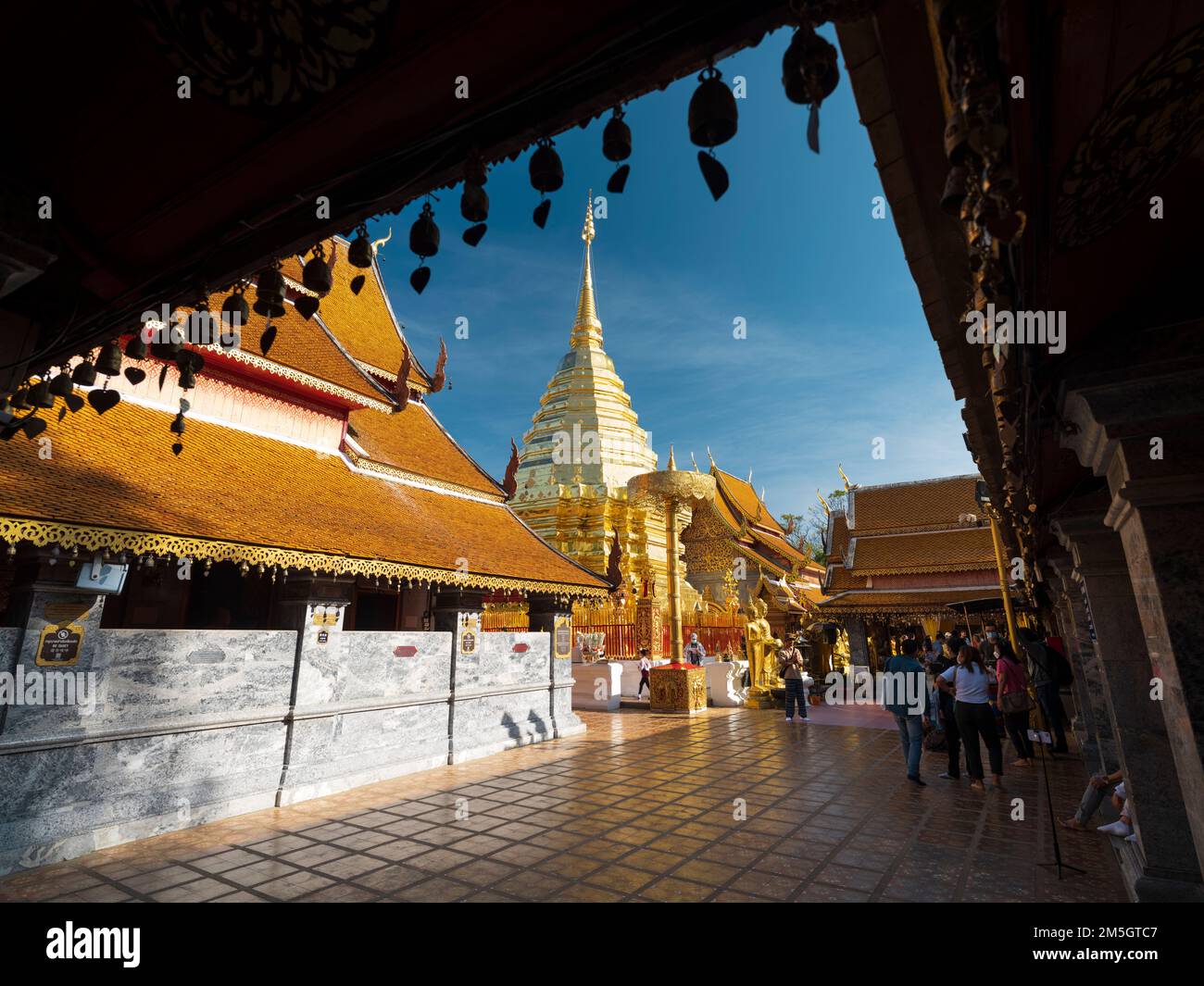 Chiang Mai, Thailand. 10. November 2022 Blick auf die Golden Big Pagode am Mittag. Lanna-Architektur im Wat Phra That Doi Suthep Ratchaworawihan. Stockfoto