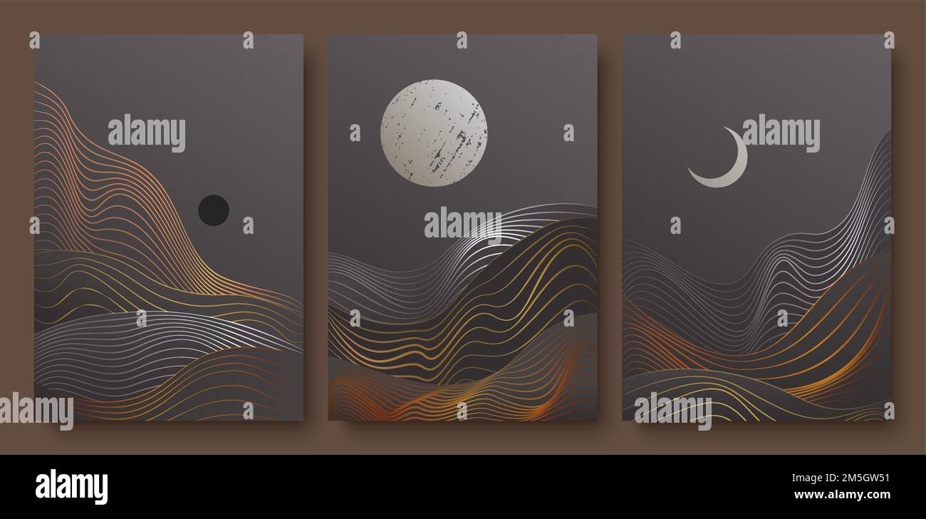 Abstrakte zeitgenössische ästhetische Nachtlandschaft mit Mond Vektor Illustration Set. Trendige Wanddekoration, luxuriöses Art-Deco-Tapetendesign mit Mond Stock Vektor