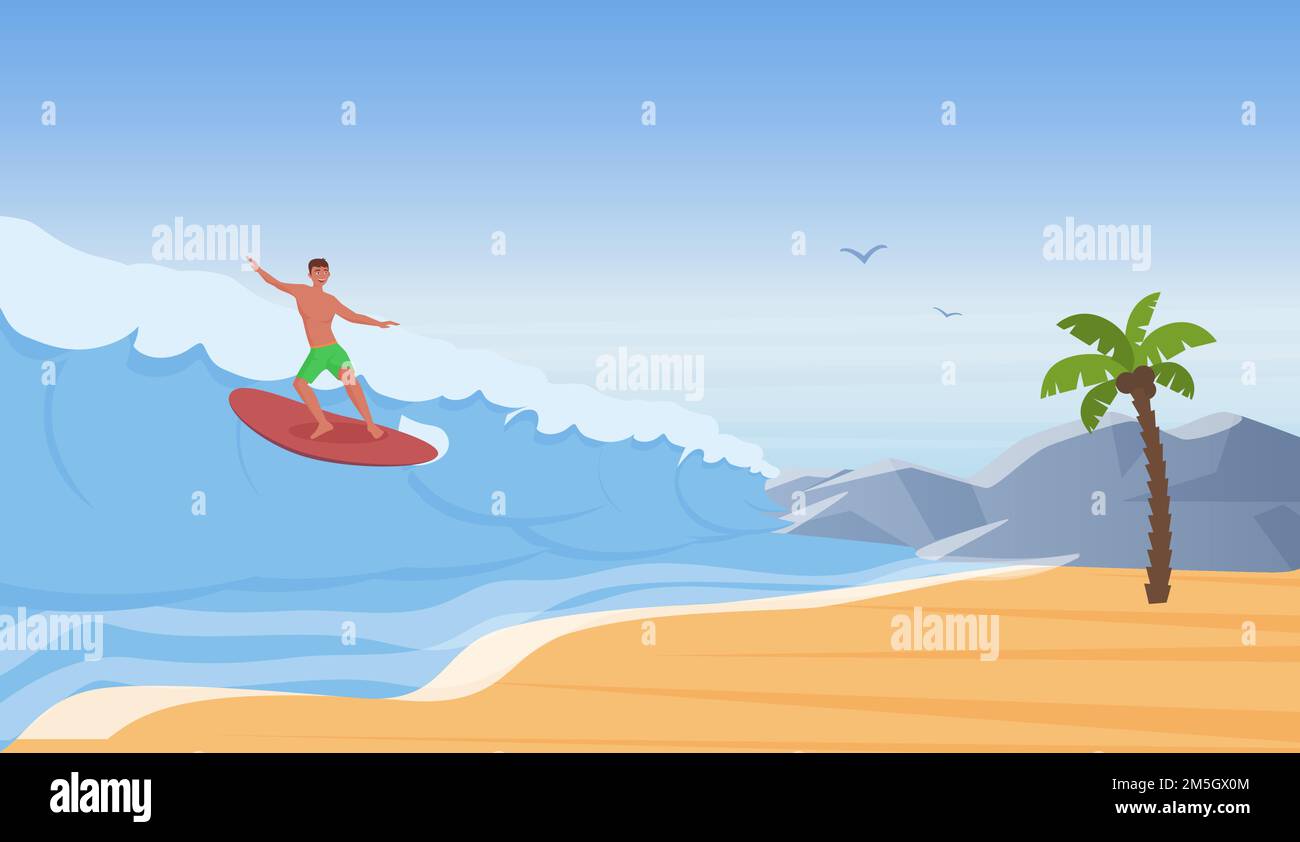 Surfer Menschen surfen, reiten Wasserwelle am Meeresstrand, Sommer Abenteuer Vektor-Illustration. Cartoon glücklich jungen Mann Charakter Surfen auf Surfbrett, extrem Stock Vektor