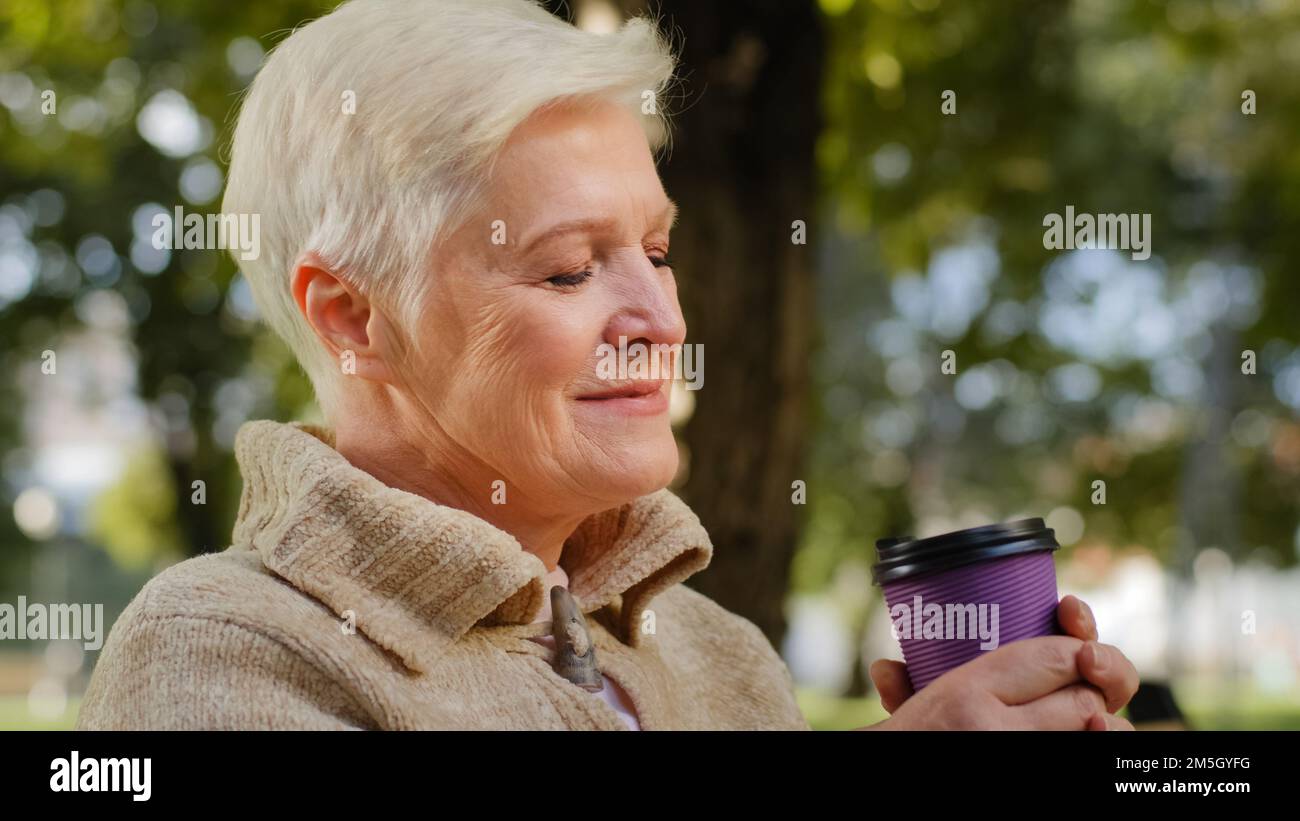 Faltiges Gesicht von 60s glücklichen älteren Frau im Freien im Park Blick beiseite mit breiten Lächeln, Zahnimplantate und Prothesen zufrieden Kundenporträt Stockfoto