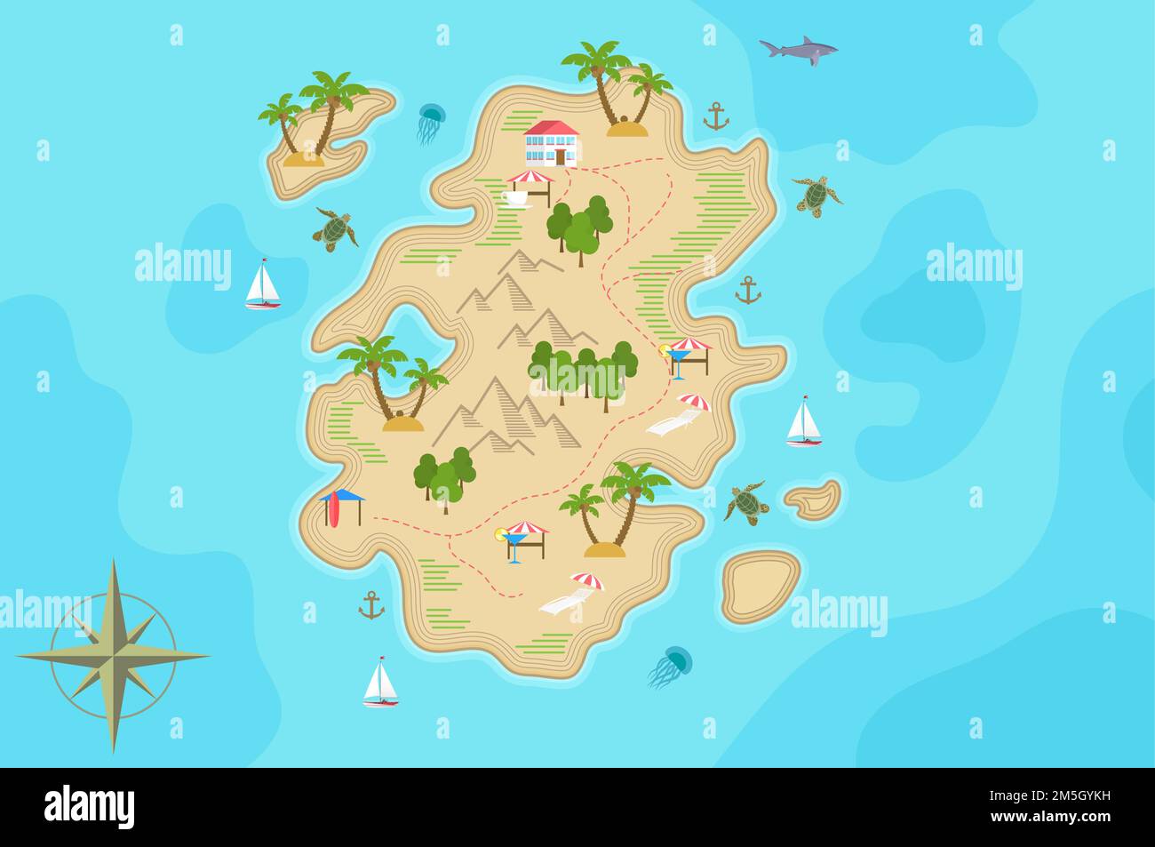 Pirate Fantasy Cartoon Insel Karte. Vector Treasure Island Stock Vektor