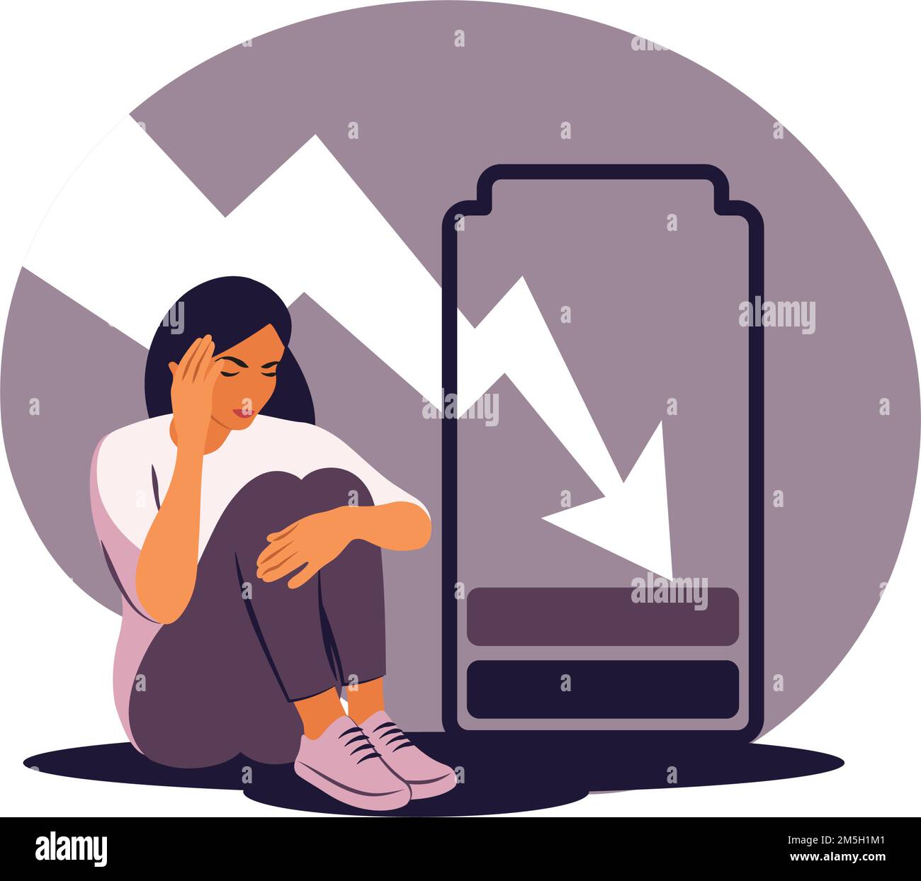 Low Energy und Burnaut Konzept. Junge, depressive, müde Frau, die sich total erschöpft fühlt wie eine leere Batterie. Vektordarstellung Stock Vektor
