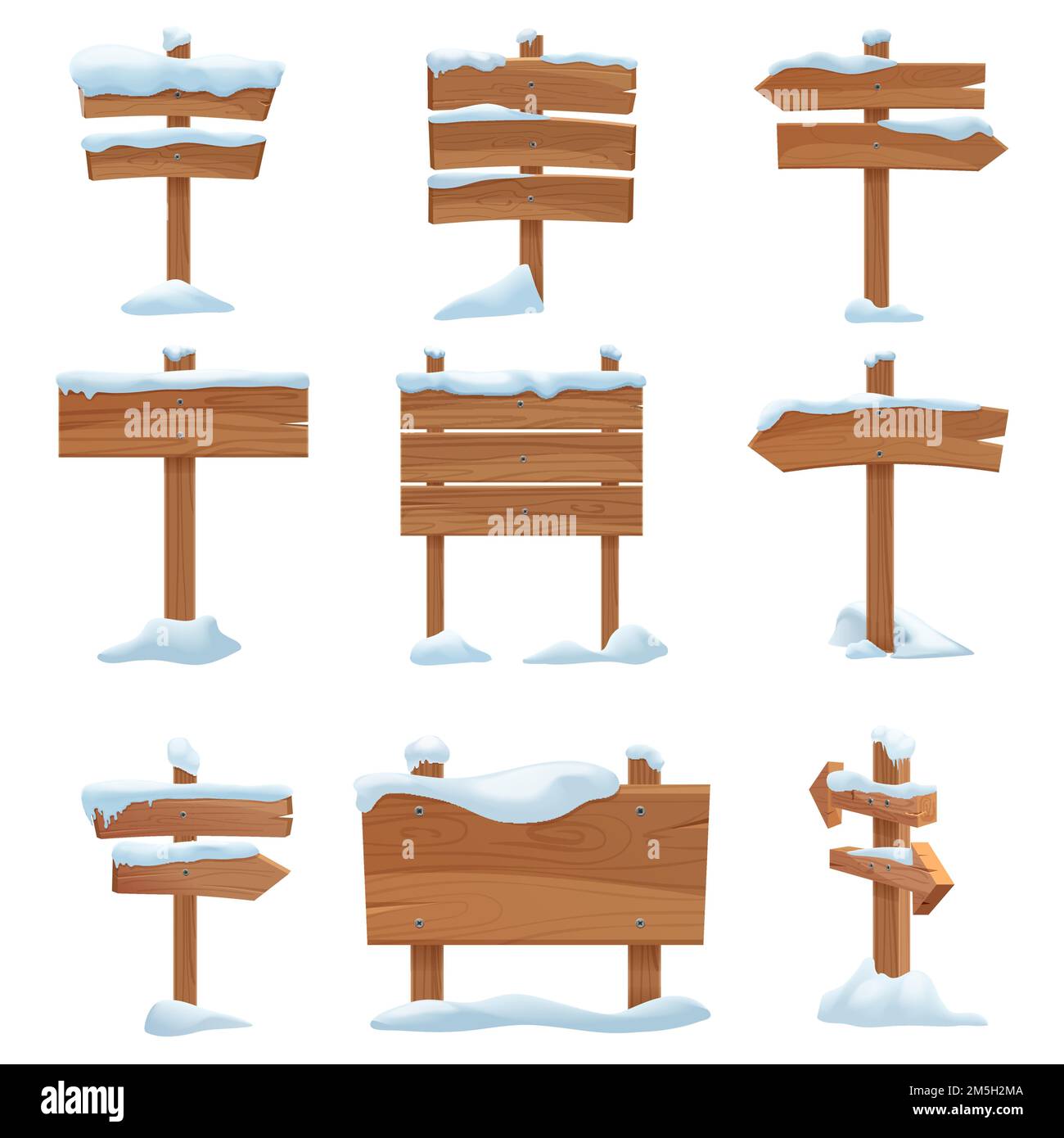 Cartoon hölzerne Winter Zeichen mit Schneekappen Set Vektor-Illustration Stock Vektor