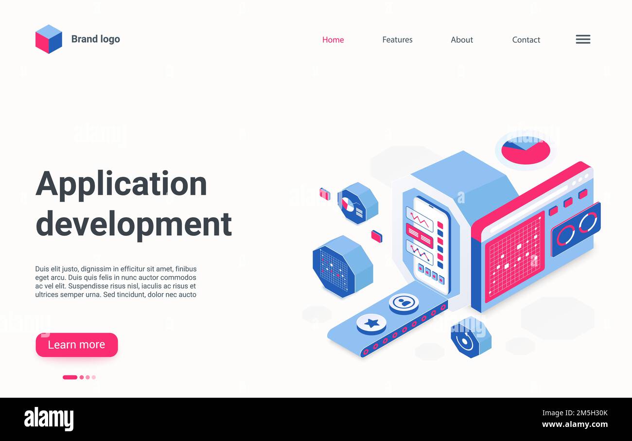App-Entwicklung isometrische Landing-Page-Vektorvorlage. Application Creation Business Web Banner, Webseitenkonzept. Homepage zur mobilen Programmierung Stock Vektor