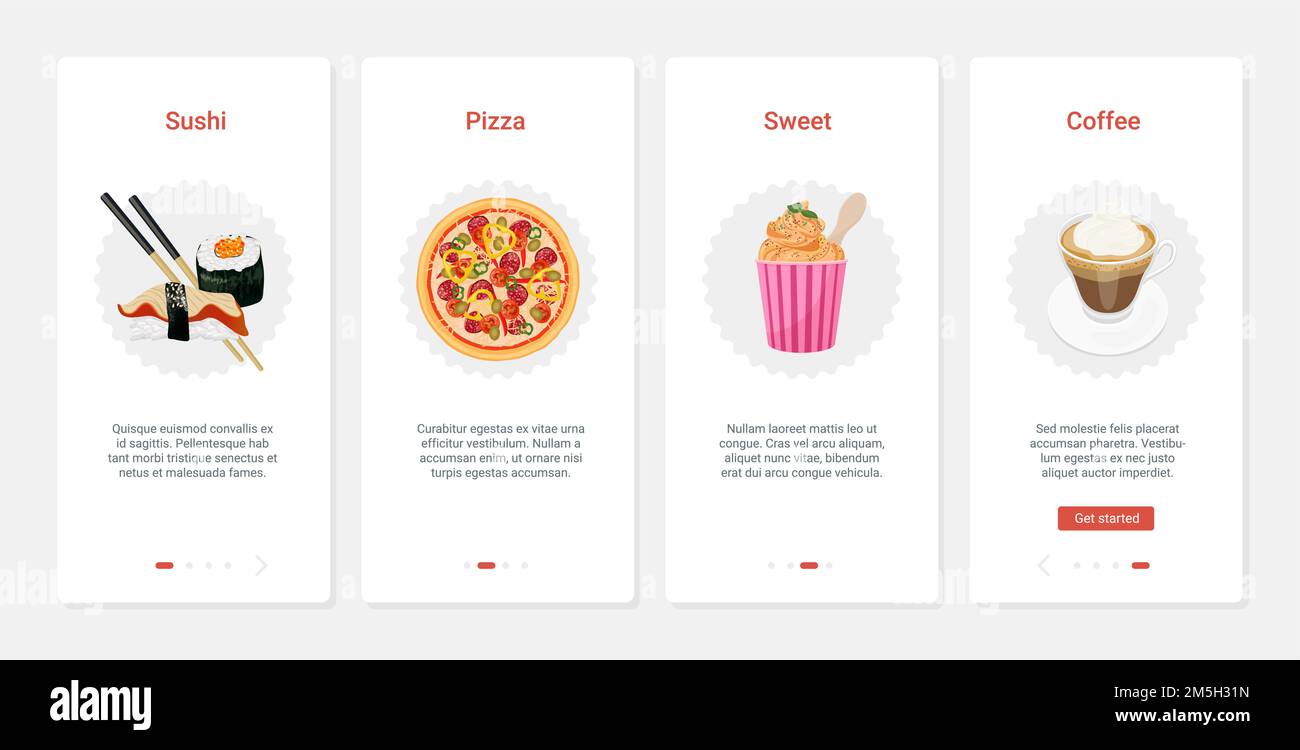 Cafe fast Food Cartoon Vektor Illustration. UX, UI Onboarding Mobile App Page Screen Set mit Fastfood Imbissmenü zum Mitnehmen, Sushi Pizza Kaffee Dessert Stock Vektor