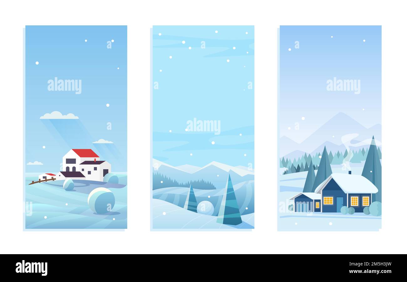 Weihnachten Natur Landschaft Vektor Illustration Set. Cartoon flache Frostlandschaft für Wintersaison, Weihnachten und Neujahr mit Dorfhäusern Stock Vektor