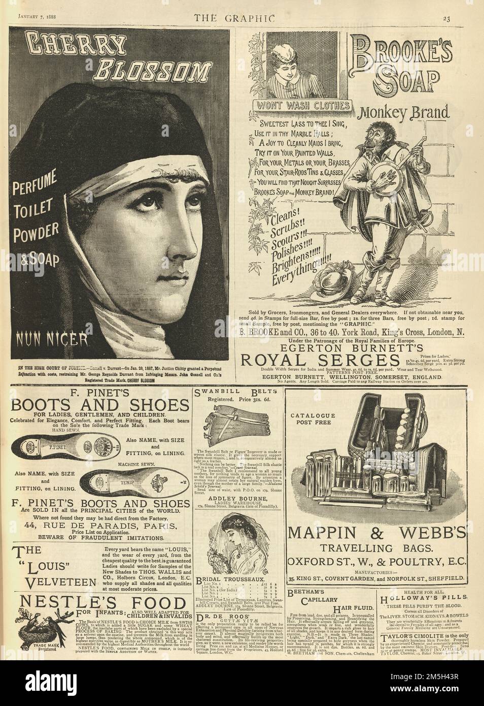 Viktorianische Zeitungsanzeigen, 1880er., 19. Jahrhundert, Seife, Stiefel und Schuhe, Reisegepäck, Stockfoto