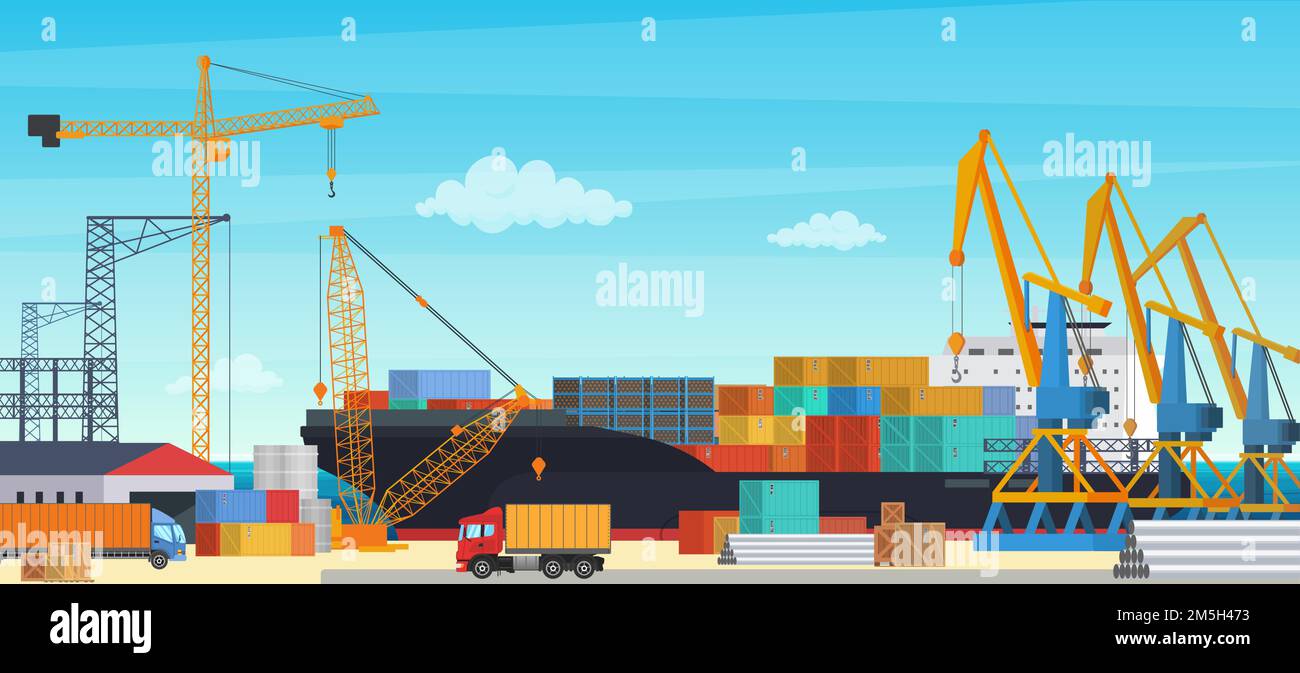 Logistik Transport Containerschiff mit Industriekran Import und Export in der Schifffracht Hafen Werft. Vektor der Transportindustrie illustrr Stock Vektor