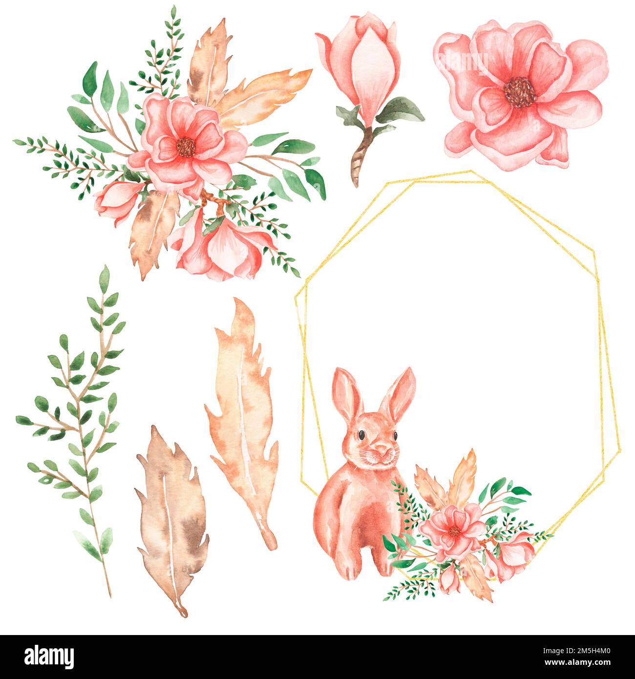 Aquarelle Blumenmotive Set Illustration, Häschen- und Pfingstrosen Kranz Clip Art, Blumenstrauß Komposition. Stockfoto