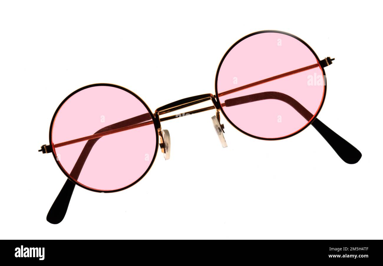 Rosafarbene Brille, isolierte Brille auf weißem Hintergrund. Fehlendes Optimismus-Konzept. Stockfoto