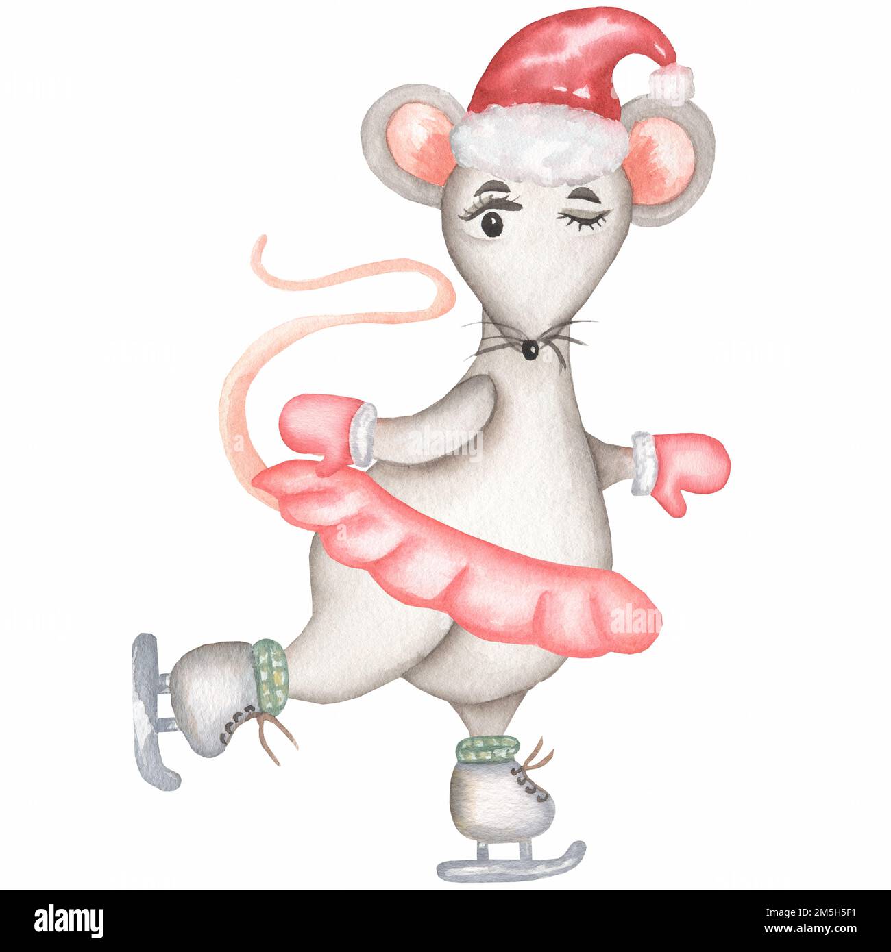 Kleine graue Maus mit rotem weihnachtsmütze Fäustlinge, roter Rock und Schlittschuhe. Süße Zeichentrickfigur, Tierratte oder Maus. Aquarelldarstellung. Christma Stockfoto