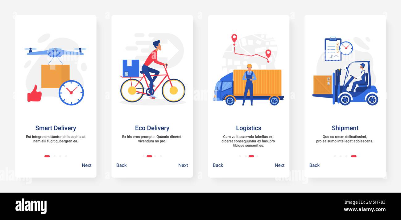 Lieferlogistik, Versandtechnik durch verschiedene Transportfahrzeug-Vektordarstellung. Mobile App-Seite Onboard-Bildschirm mit Cartoon flat Kurier gesetzt Stock Vektor