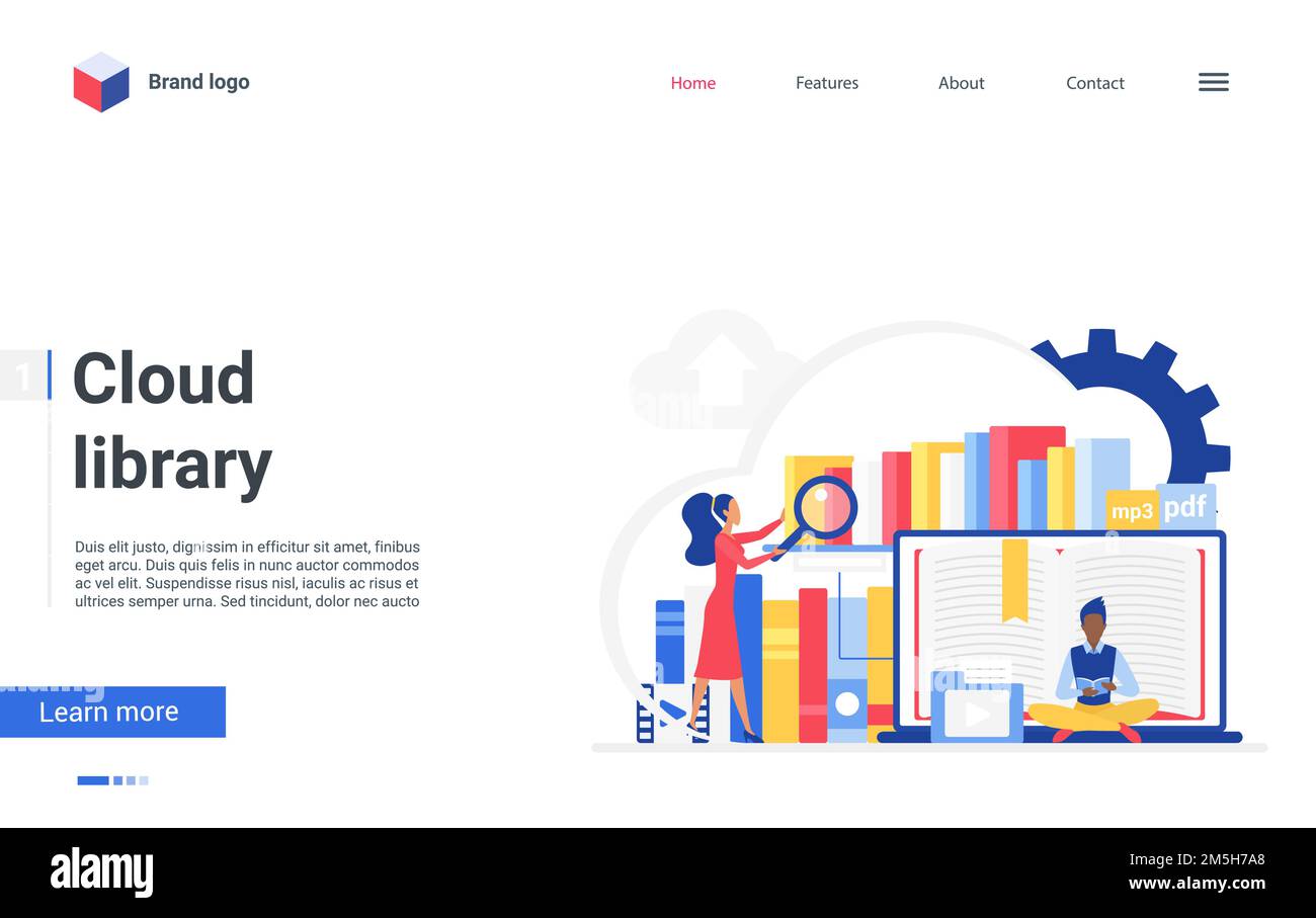 Cartoon flach kleine Menschen lesen Online-Bücher und lernen Daten Informationen, Landing Page Design für digitale Dateibibliothek, mobile Bildung, Web-Datenab Stock Vektor