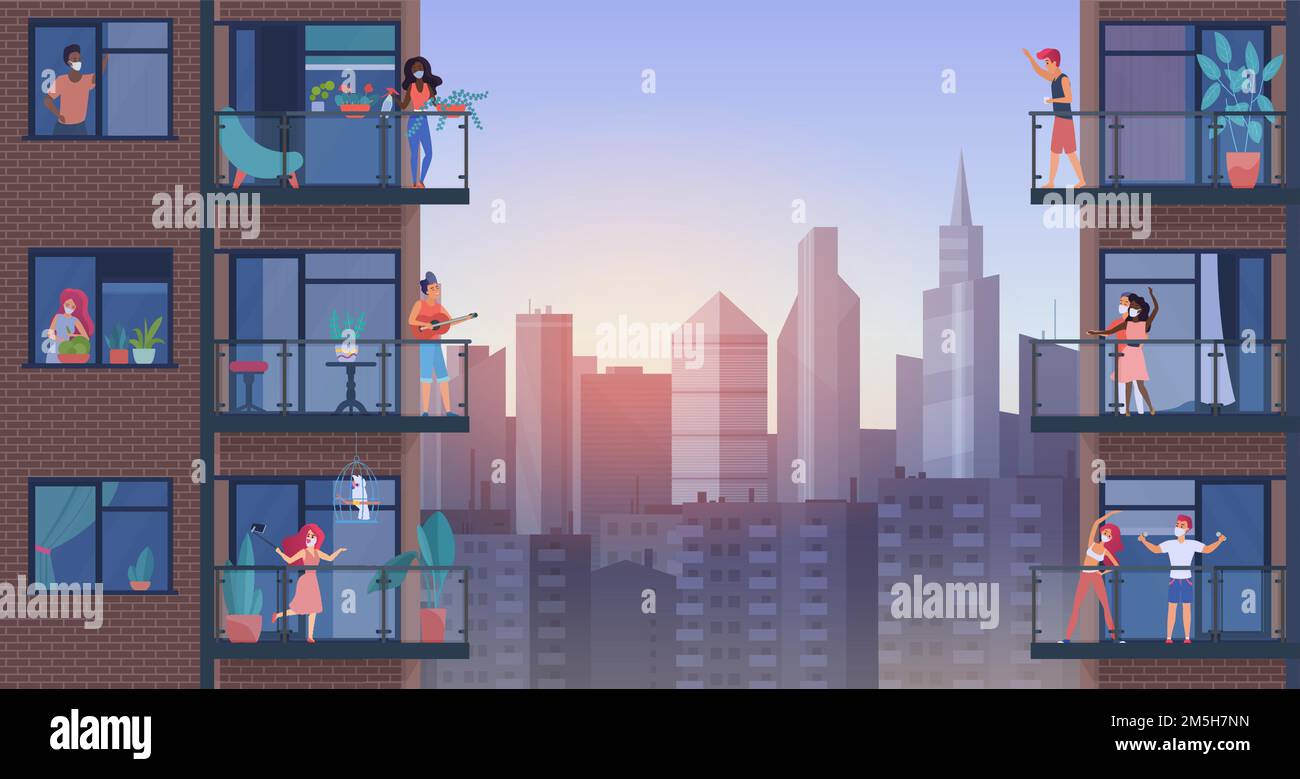 Menschen auf Stadtbalkon während Quarantäne Vektor-Illustration. Cartoon Wohnung Mann Frau Charaktere in medizinischen Masken zu Hause bleiben, tun Sportübungen, ev Stock Vektor