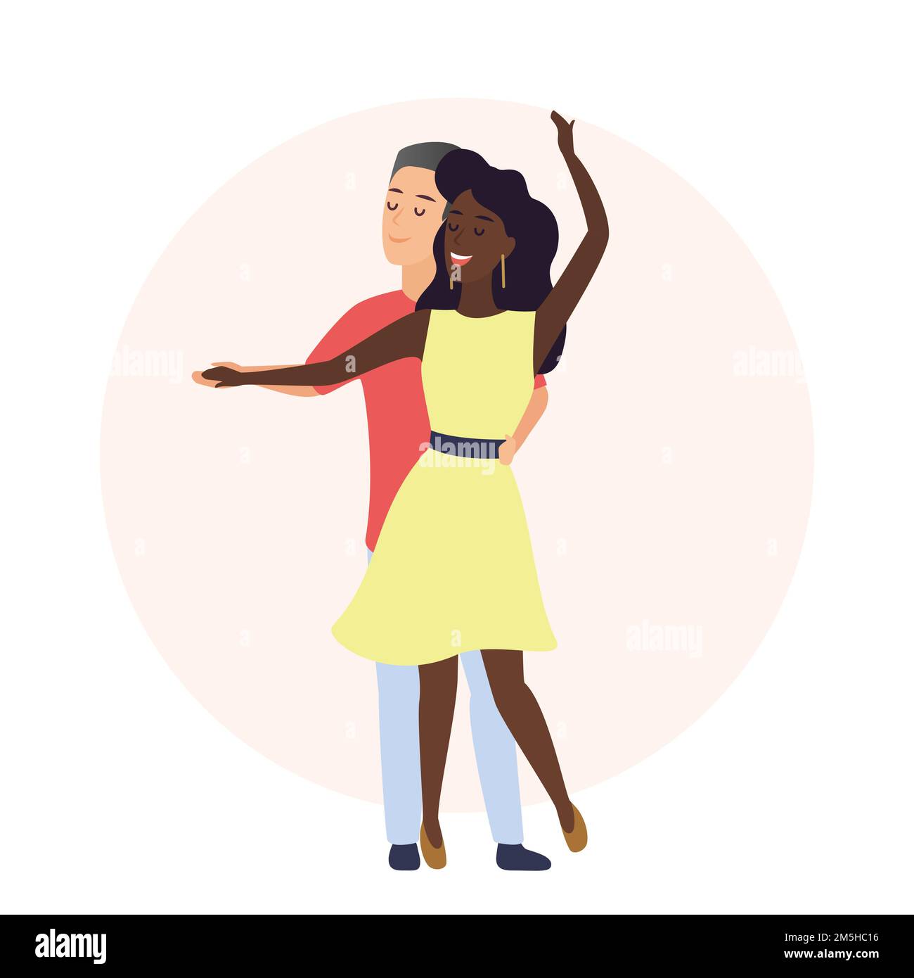 Glücklich romantischen kaukasischen Mann und afroamerikanische Frau. Zeit zusammen. Paar tanzen in Liebe Vektor-Illustration Stock Vektor