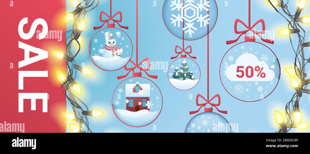 Weihnachts-Sale-Banner mit festlicher Kugeln Dekoration für Weihnachtsbaum und Weihnachten glänzende Girlande Stock Vektor