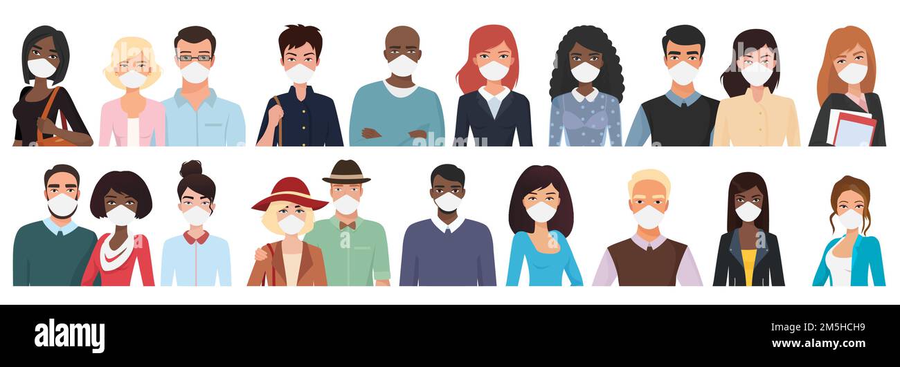 Multirassische verschiedenen Alters Menschen in Masken, um Luftverschmutzung zu verhindern, Coronavirus covid-19 Stock Vektor