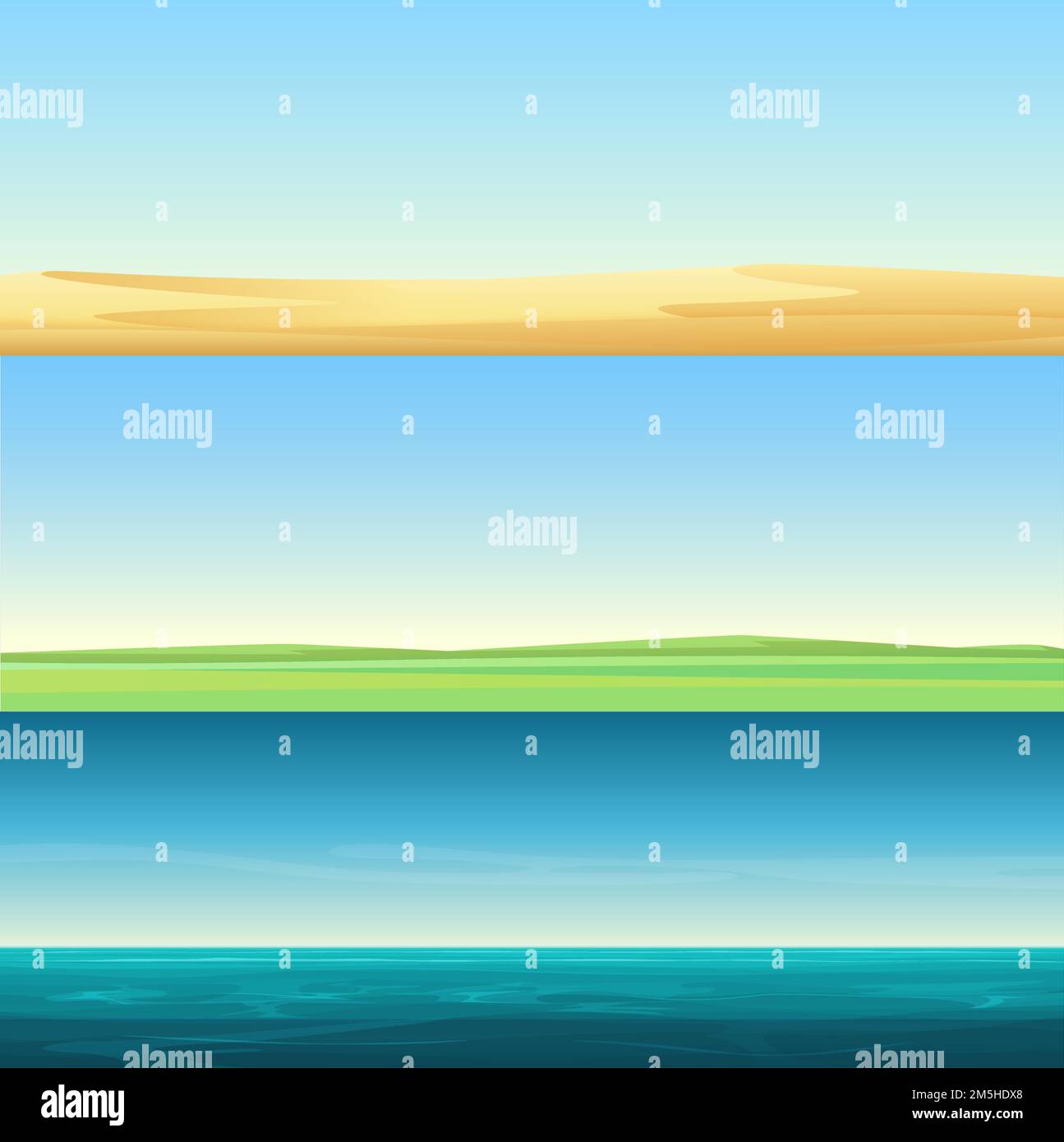 Schöne minimalistische horizontale Banner Landschaften von Sand Wüste, Wiese ländlichen Feld und Meer Ozean Hintergrund Set Vektor-Illustration Stock Vektor