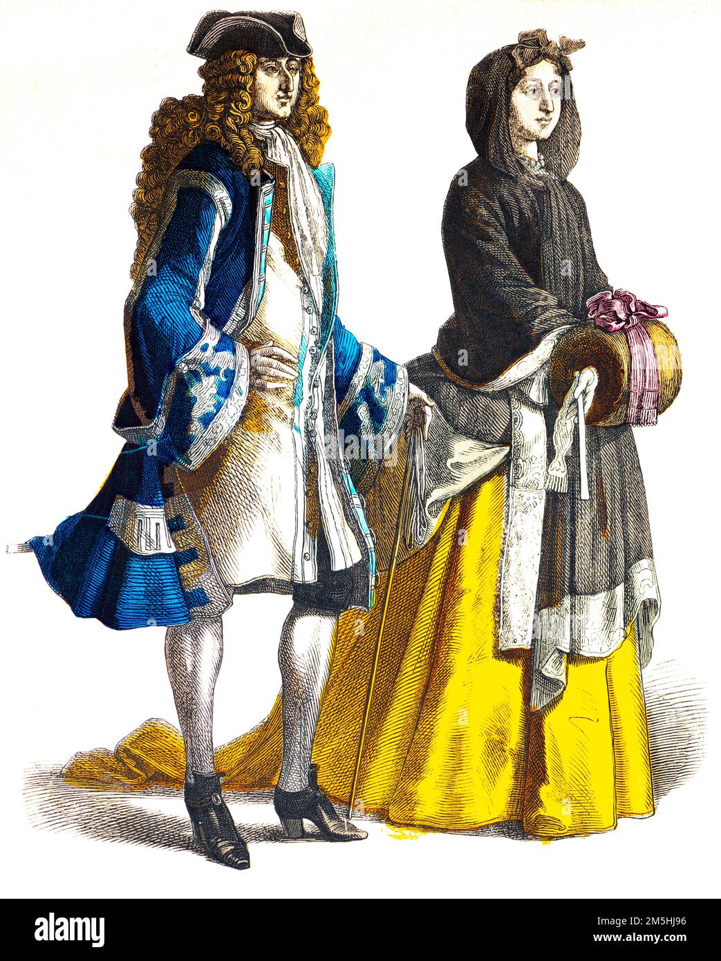 Historische Kostüme zu Beginn des 18. Jahrhunderts, historische Illustration, Münchener Bilderbogen, München 1890 Stockfoto