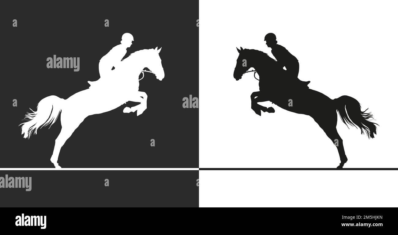 Pferdesprung. Schwarz-weiße Silhouettenvektorbilder von Reitern auf springenden Pferden Stock Vektor