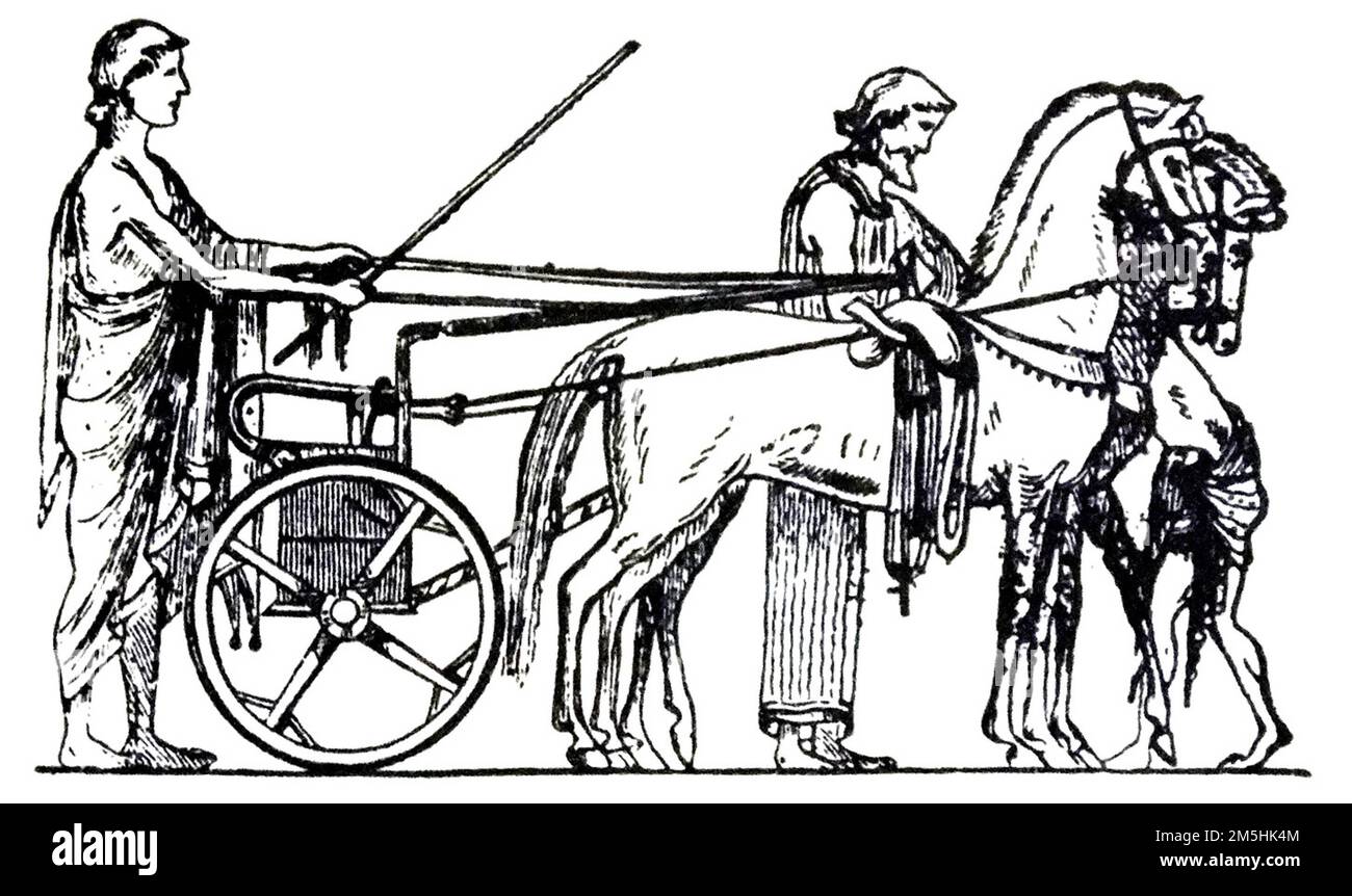 Ein alter griechischer Rennwagen mit zwei Pferden, wie er von Euryleonis benutzt wurde. Stockfoto