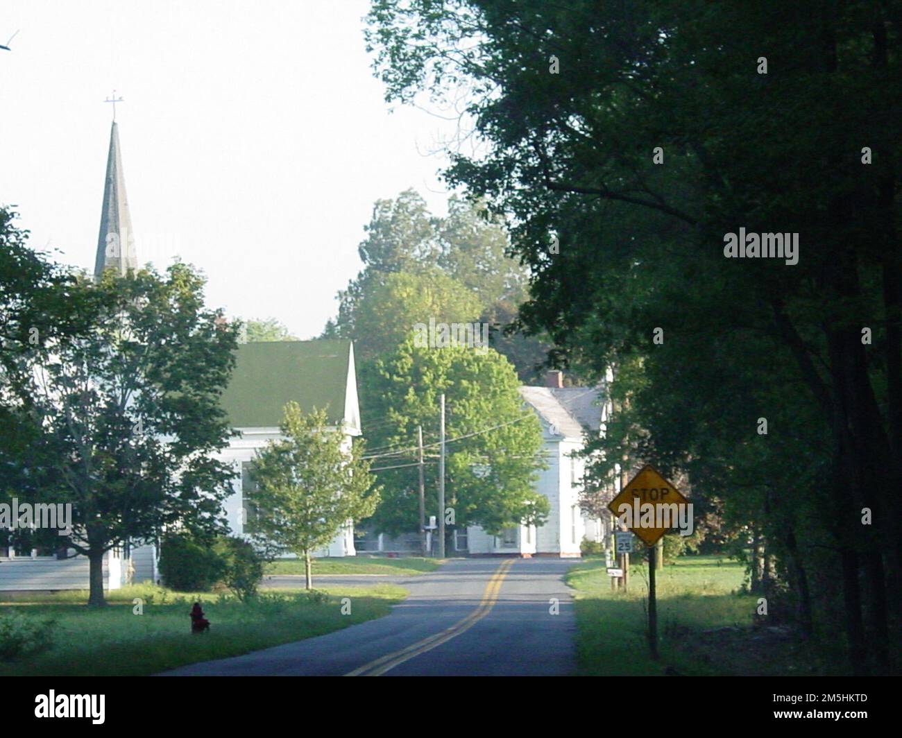 Harriet Tubman Underground Railroad Byway - auf dem Weg zum East New Market Historic District. Eine von Bäumen gesäumte Landstraße führt an einem sonnigen Sommertag in den National Historic District der Stadt East New Market. East New Market, Maryland Stockfoto