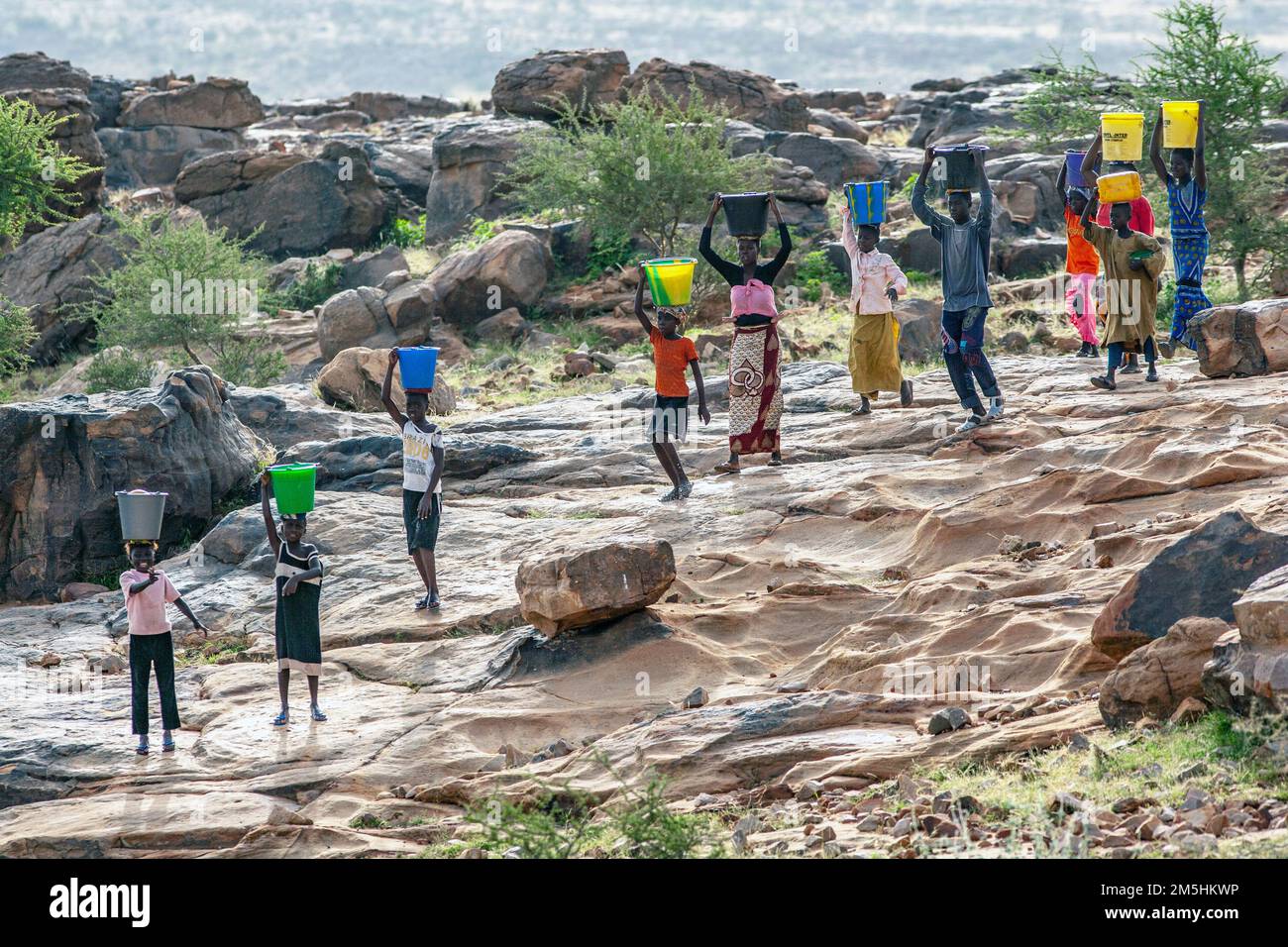 Eine Gruppe afrikanischer Kinder, die Wasser zu ihrem Haus transportieren.Hombori Gegend, Mali , Westafrika .fast 1 Milliarden Menschen weltweit haben keinen Zugang zu sauberem Wasser. Stockfoto